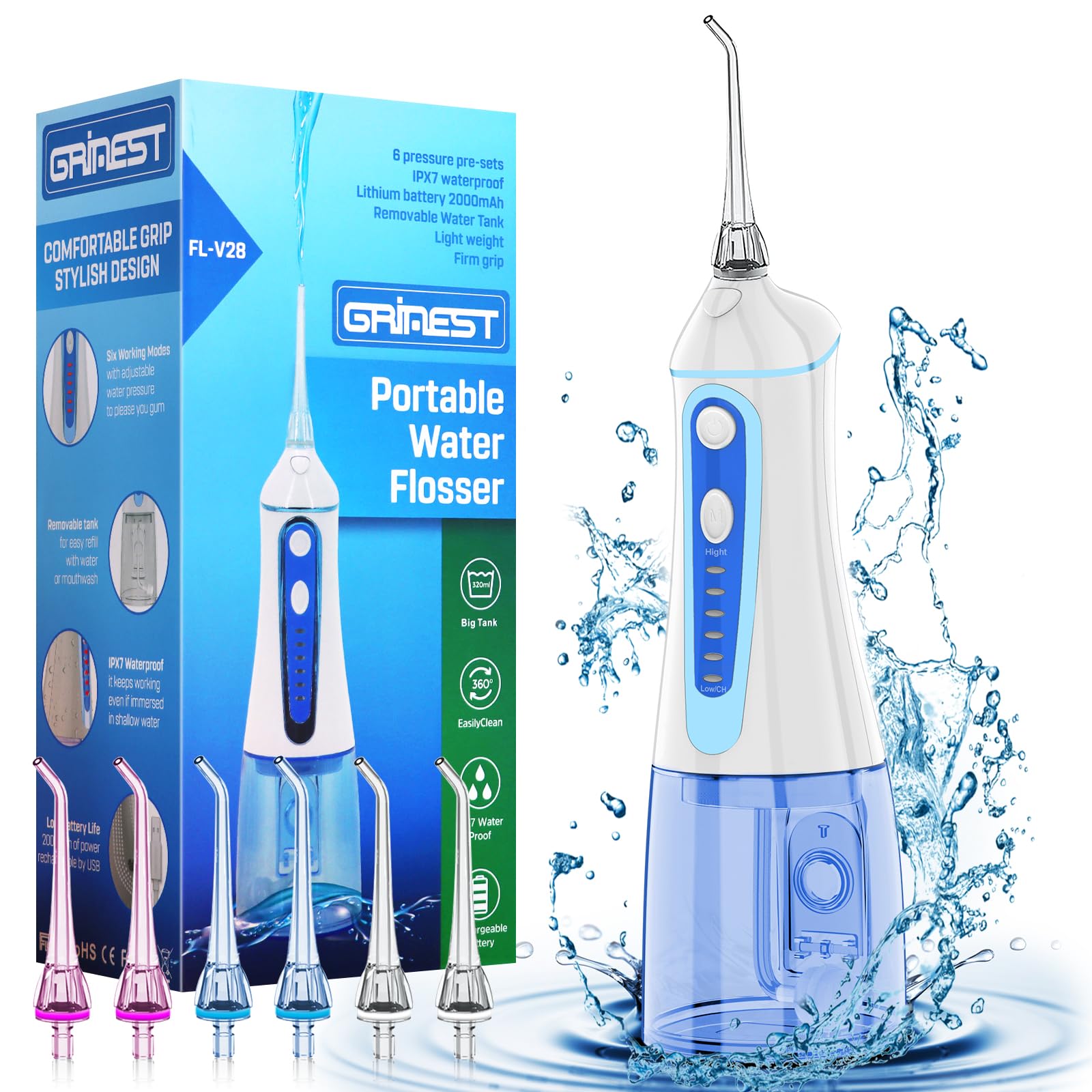 Water Dental Pik Flosser,Grinest 7 Modes Rechargeable Water Dental Pick for Teeth Cleaning Cordless Oral Irrigator Portable IPX7 Waterproof Tooth flossers for Home Travel-White