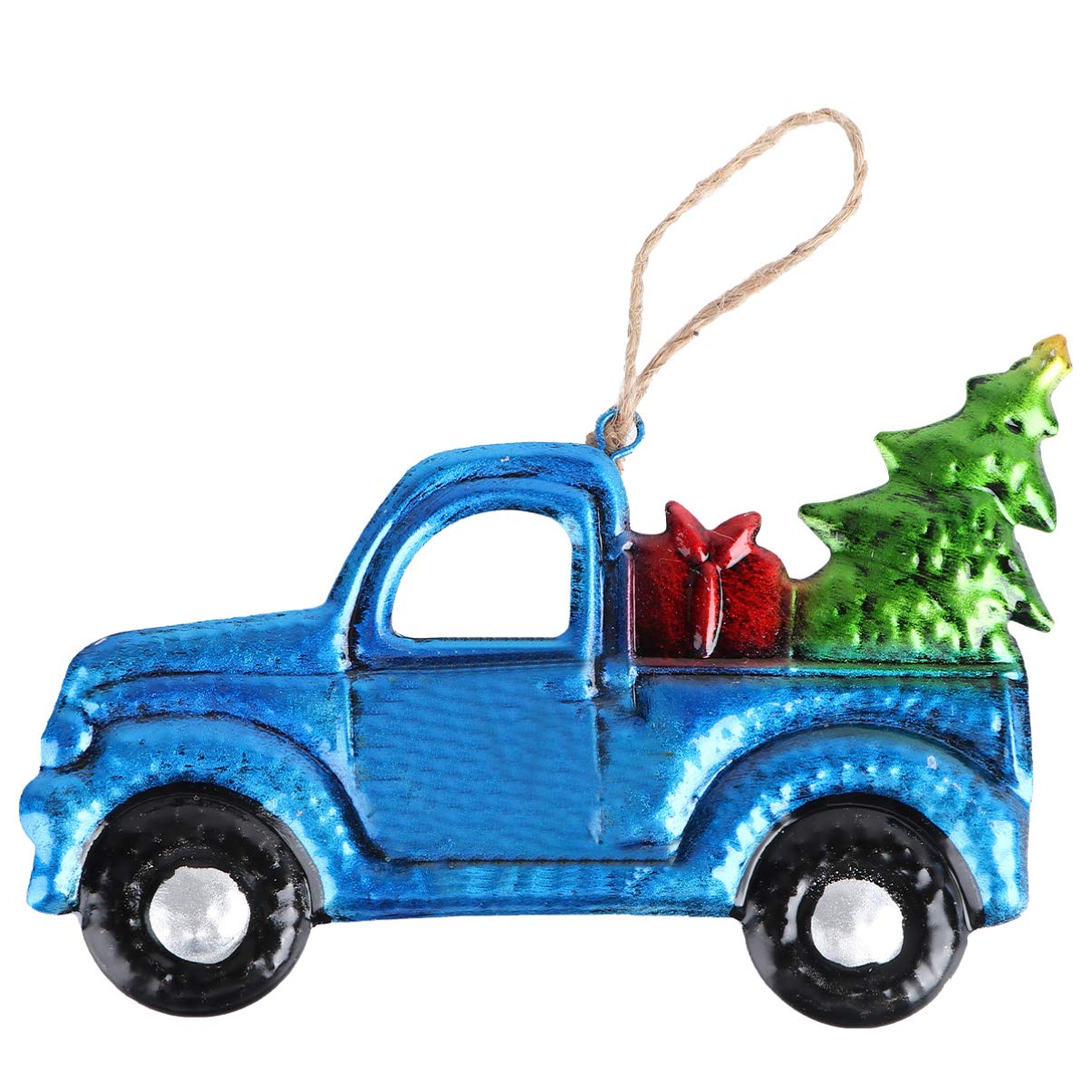 Christmas Pickup Truck Ornament Iron and Glass Pickup Truck Hanging Decoration Carrying Xmas Trees Car Keepsake Vintage Farmhouse Home Decor (Random Car Toward)