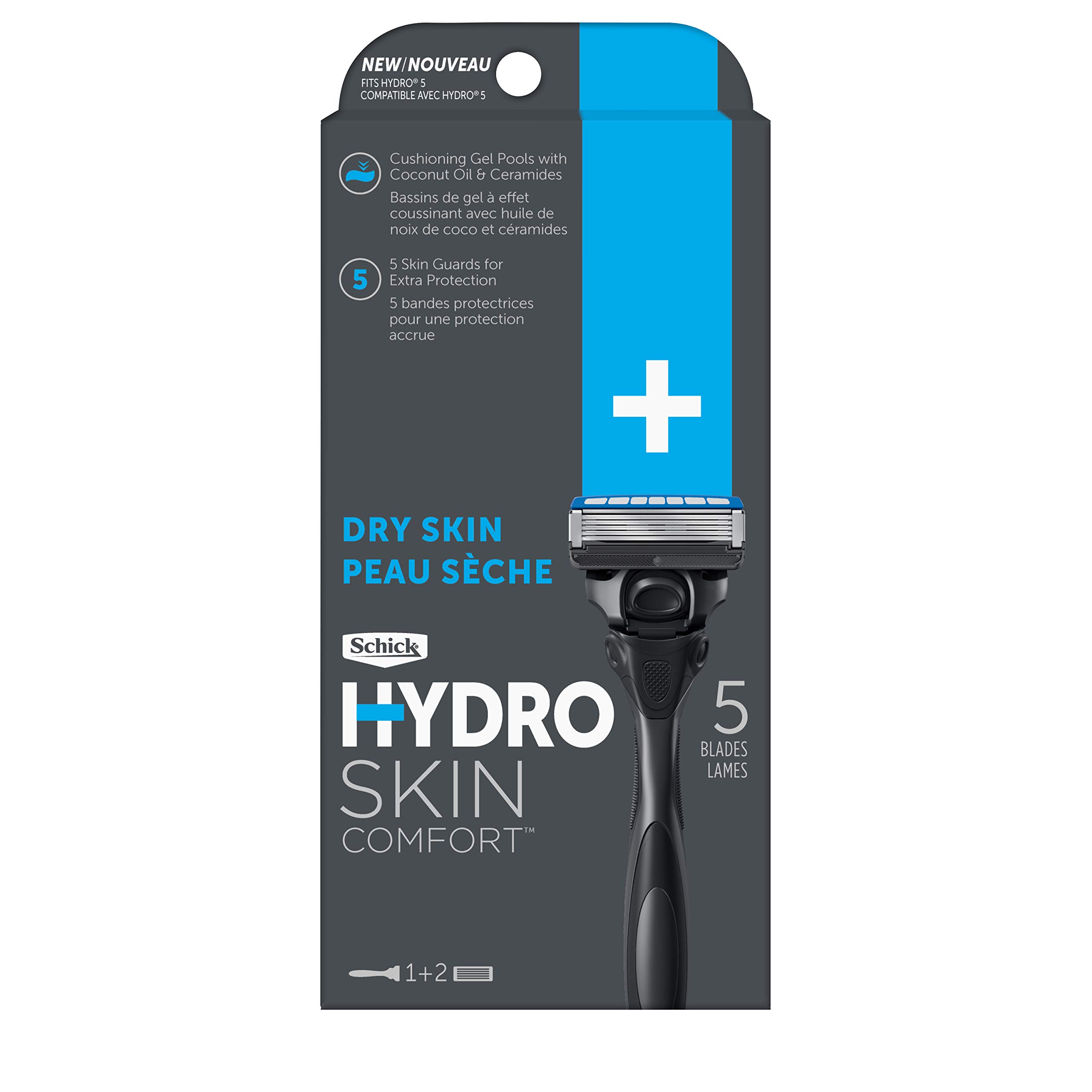 Schick Hydro 5 Sense Hydrate Razor with Shock Absorb Technology for Men, 1 Handle with 2 Refills,1 Count