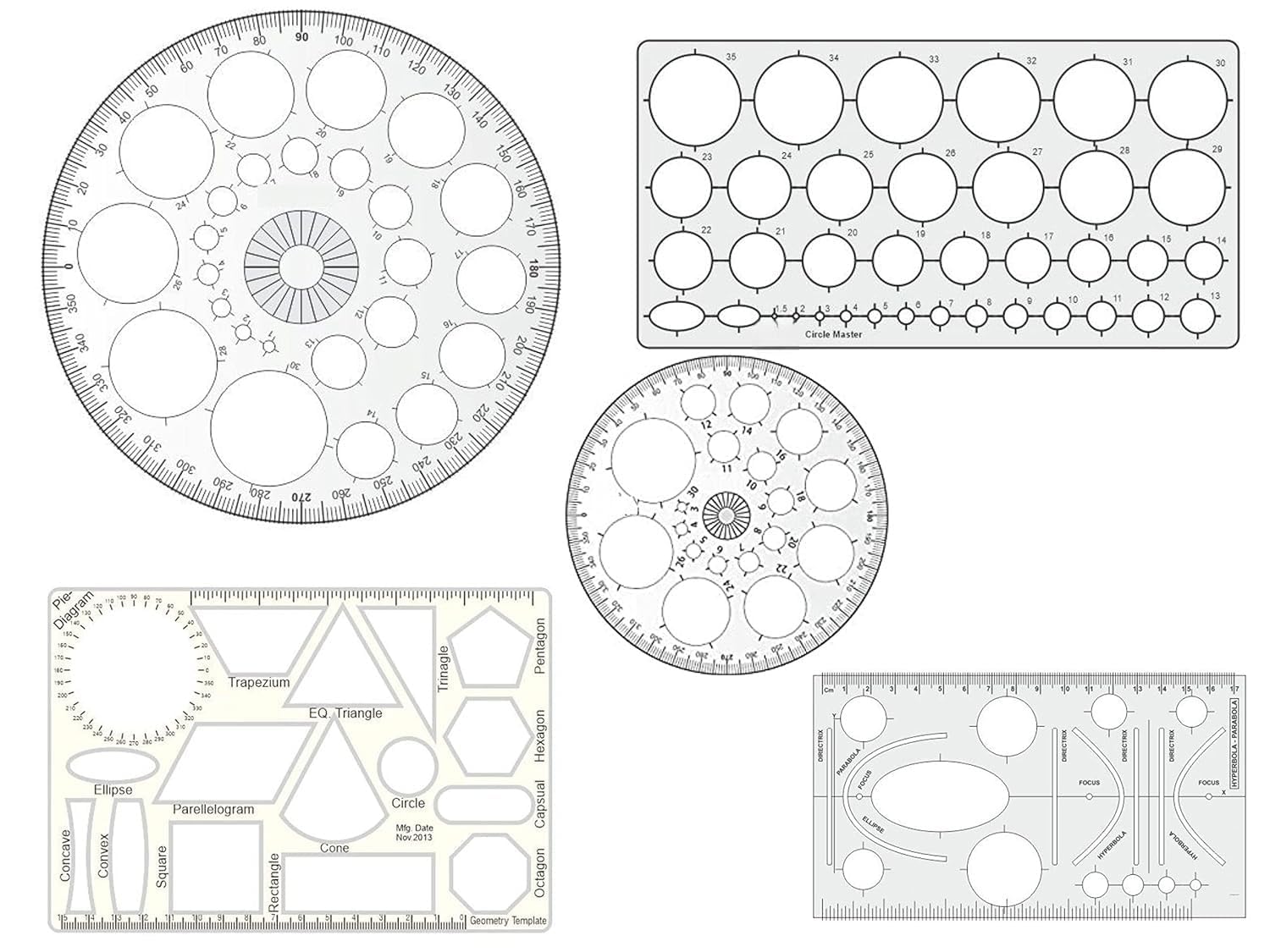 TWIN SEVEN® Circle Master, Pro Circle Big (25 Circles) & Small (16 Circles), Hyperbola- Parabola Template, Geometry Template, Drafting Scale Ruler (Set of 5)