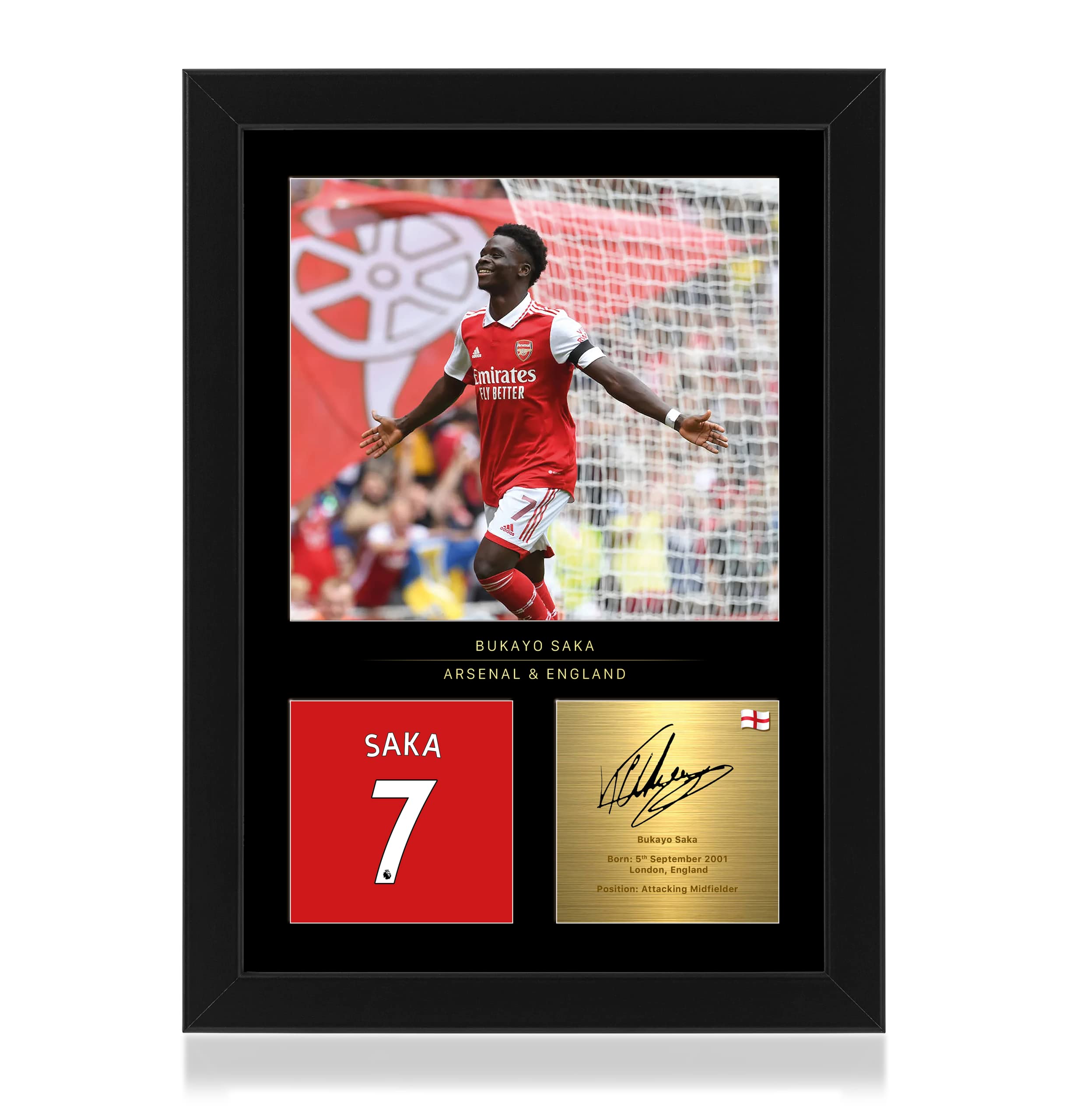 Bukayo Saka Signed A4 Framed Photo Display - Reproduced Digital Signature - Gift For Arsenal FC Fans