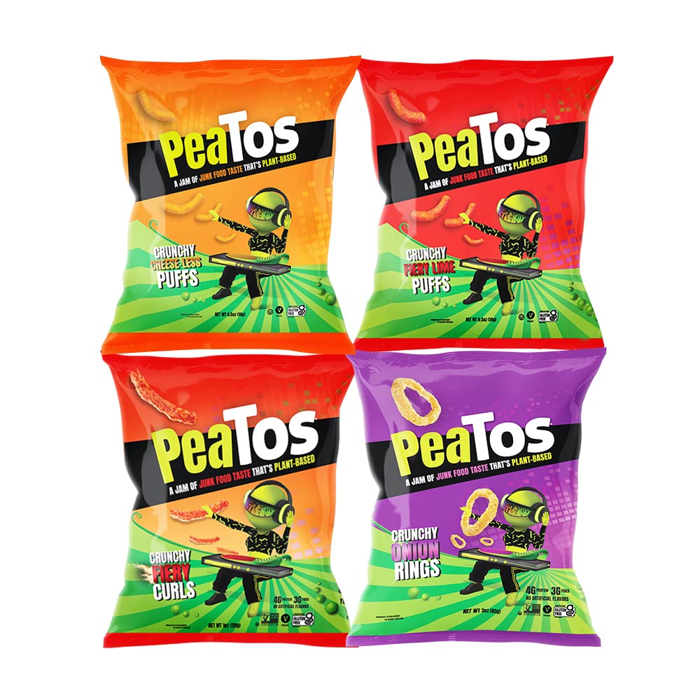 PeaTosthe Craveworthy upgrade to America's favorite snacks - PeaTos 4 flavor Variety Mix (3oz pack of 4) full of “JUNK FOOD” flavor and fun WITHOUT THE JUNK. PeaTos are Pea-Based, Plant-Based, Vegan, Gluten-Free, and Non-GMO