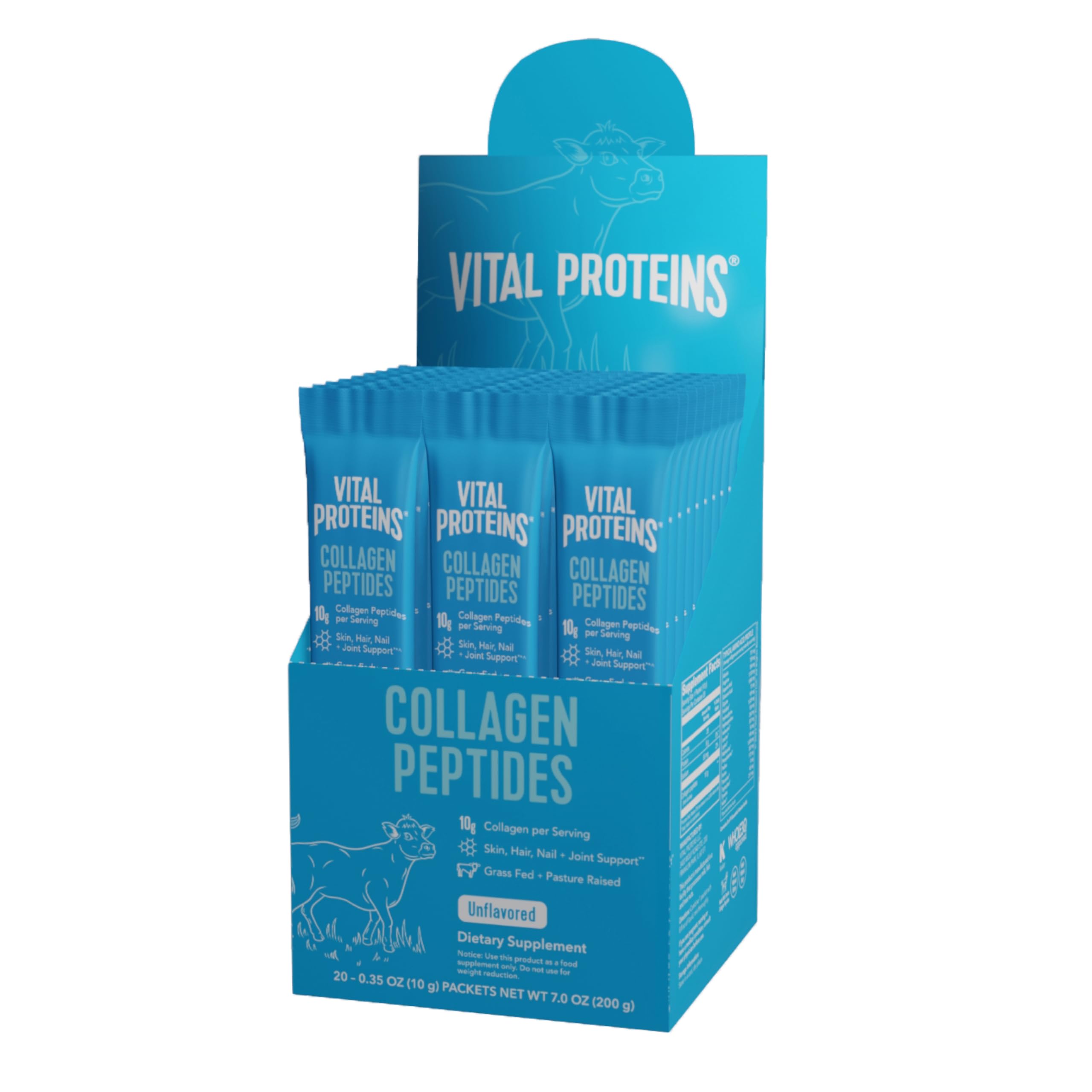 Vital Proteins Grass Fed Collagen Peptides Powder Supplement (Type I, III) Travel Packs, Hydrolyzed Collagen for Skin Hair Nail Joint - 10g per Serving - Unflavored (20ct per Box)