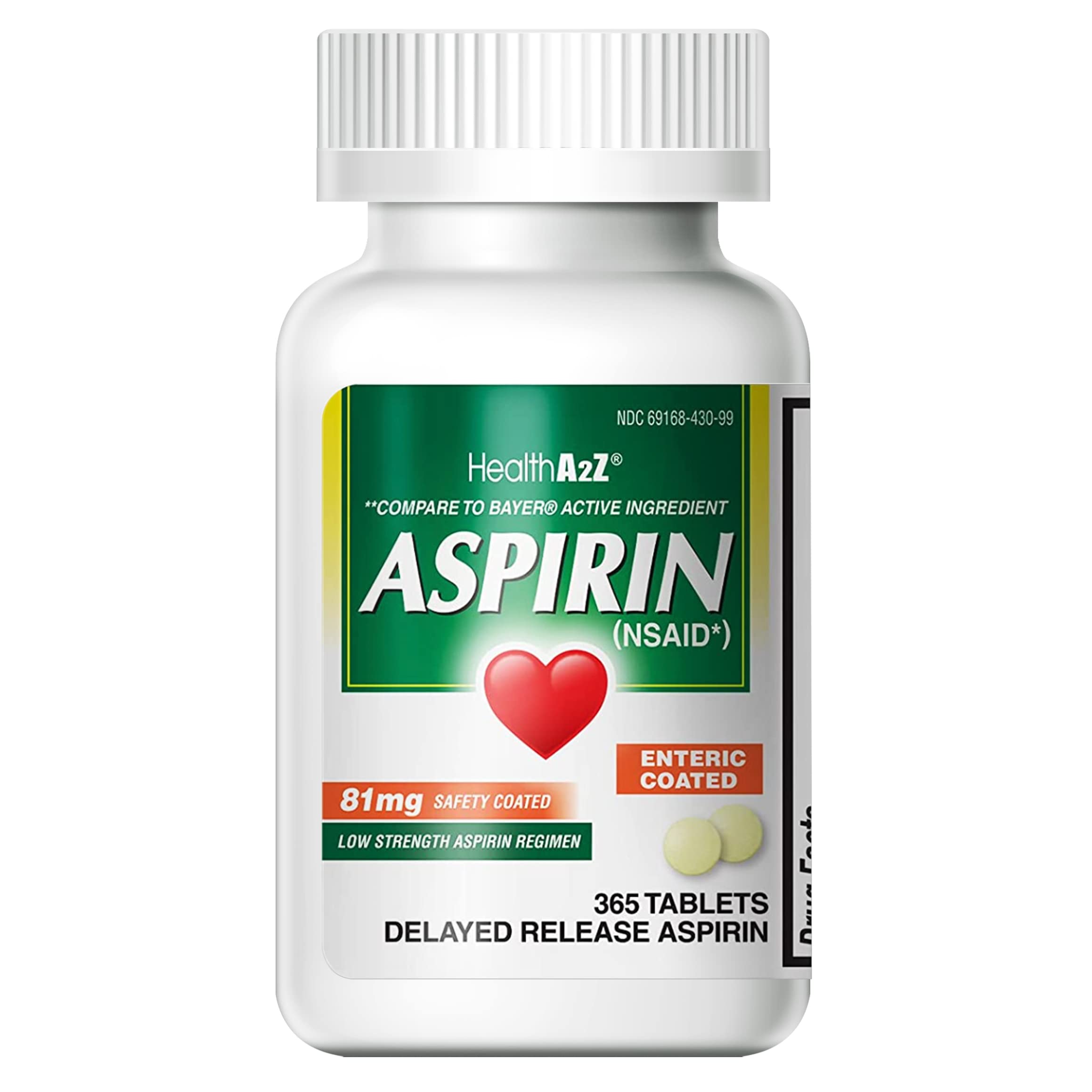 HealthA2Z® Aspirin 81 mg | Low Strength | Enteric Coated | Pain Relief | Reduces Minor Aches Muscle Pain & Cramps | Fever Reducer | Reduces Headache (365 Counts)