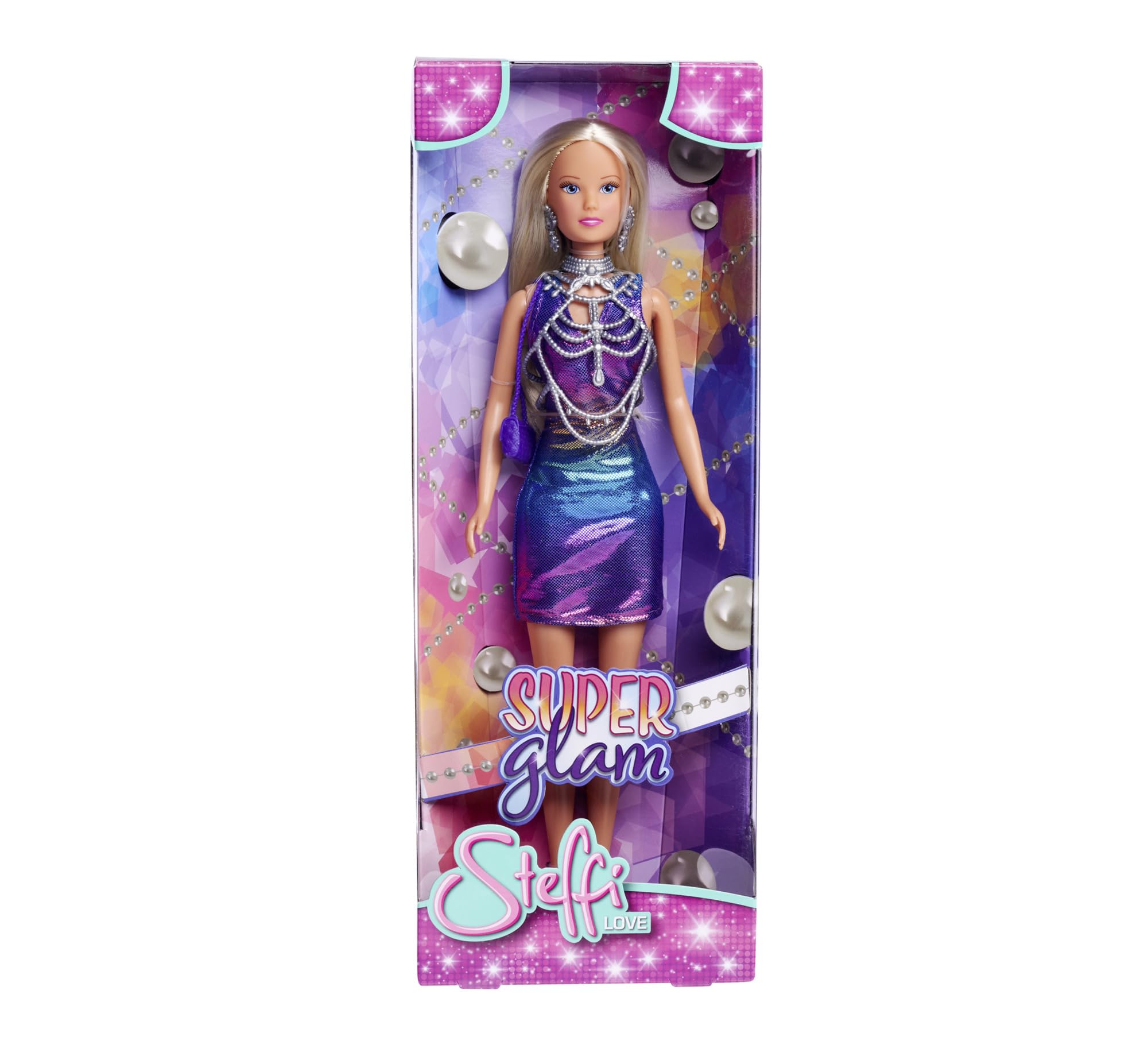 Simba Steffi Love Super Glam, Steffi in Glitter Dress with Body Jewellery, Hair Clips, Earrings and Handbag, 29 cm Toy Doll, from 3 Years