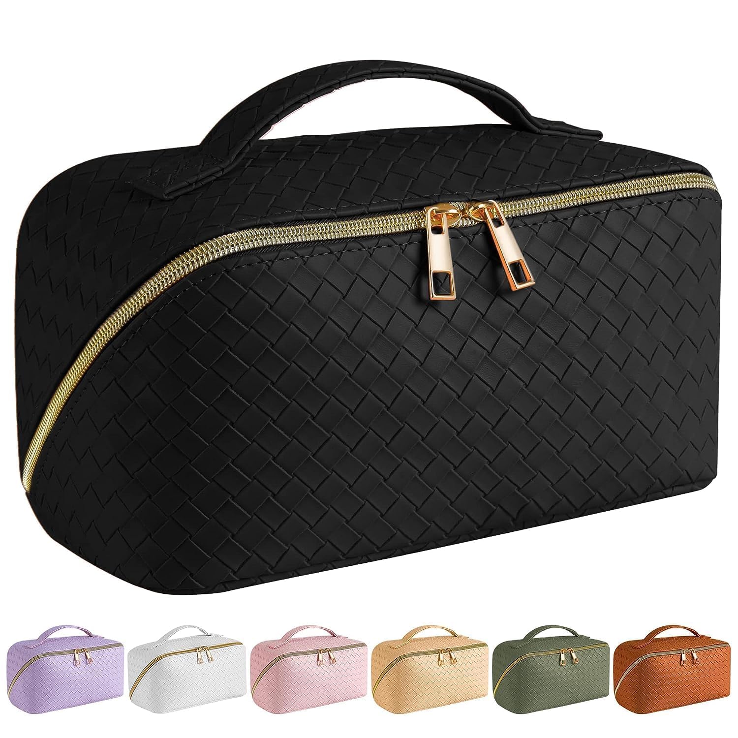 SFXULIXLarge Capacity Travel Cosmetic Bag - Makeup Bag, PU Leather Waterproof Cosmetic Bag, Women Portable Travel Makeup Bag With Handle and Divider Flat Lay Makeup Organizer Bag