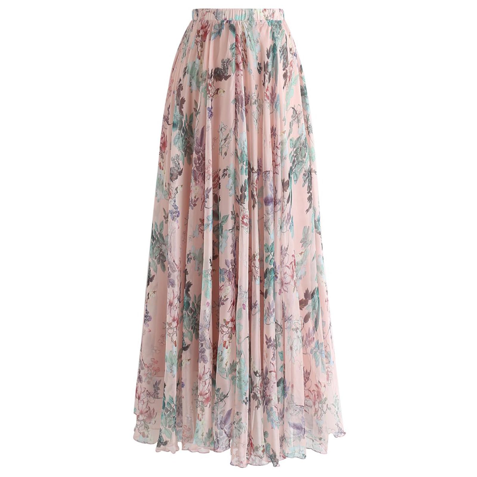 CHICWISHWomen Floral Casual Flowy High Waist Maxi Skirt 2024 Summer Spring Pinky Holiday Long Skirts Pink XL/XXL