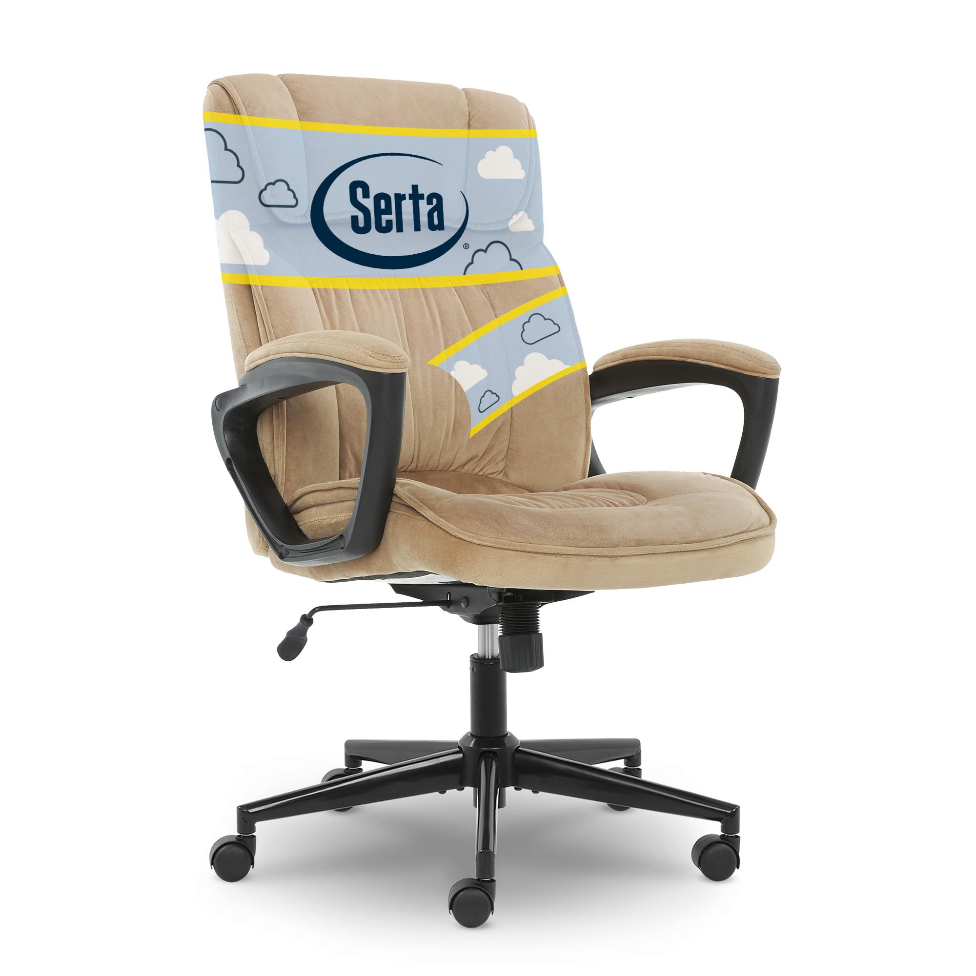 Serta Hannah Executive Home Office Desk Chair, Ergonomic Mid-Back with Lumbar Support, Firm Seat Cushion, Layered Body Pillows, Padded Armrests, Swivel Base, Easy Assembly, Microfiber/Beige