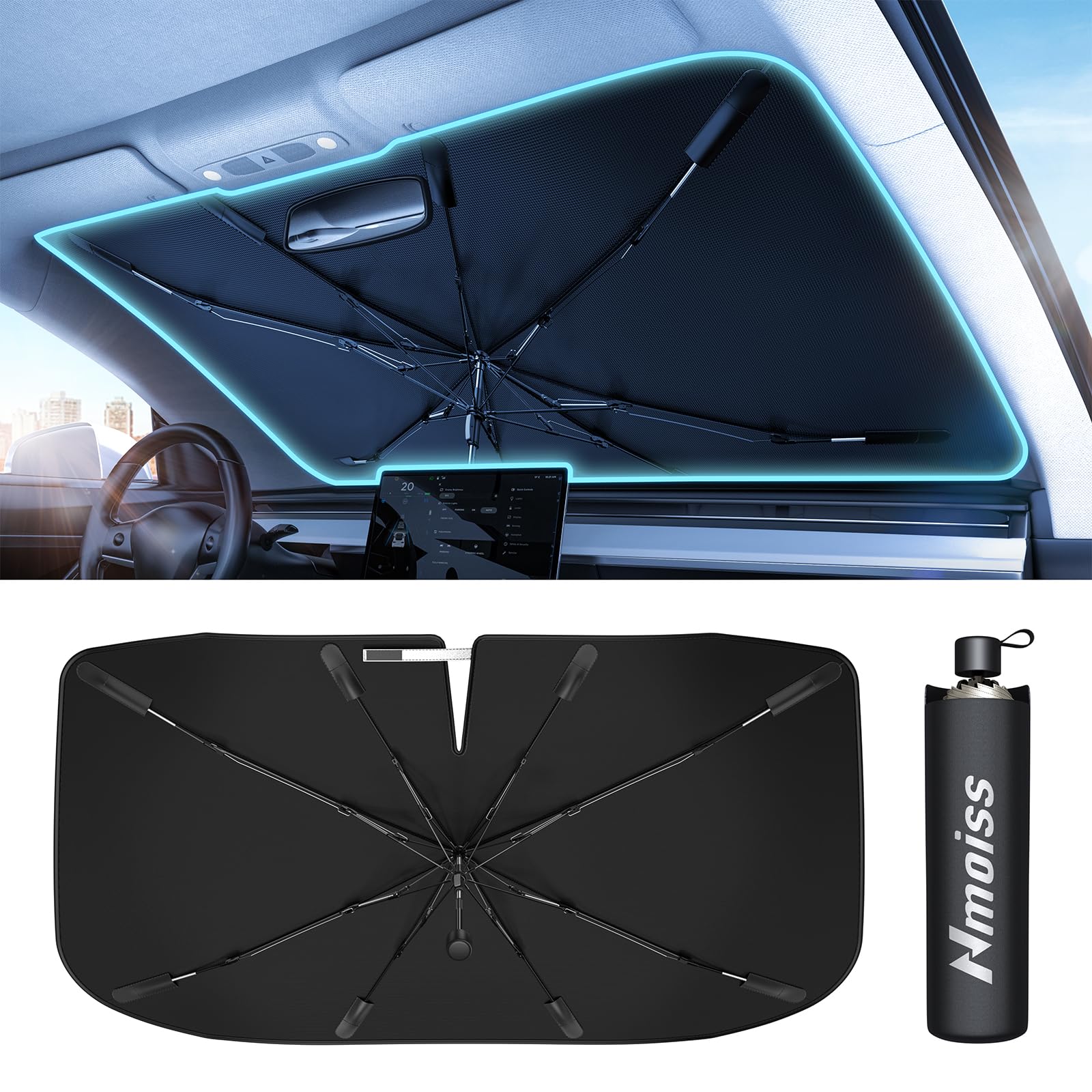 [2024 Upgrade] Nmoiss Windshield Sun Shade Umbrella for Car - [Vinyl Coating] Protect Car from Sun Rays & Heat Damage Keep Cool and Protect Interior, Spring Structure Edge Medium (56" L x 31" W)