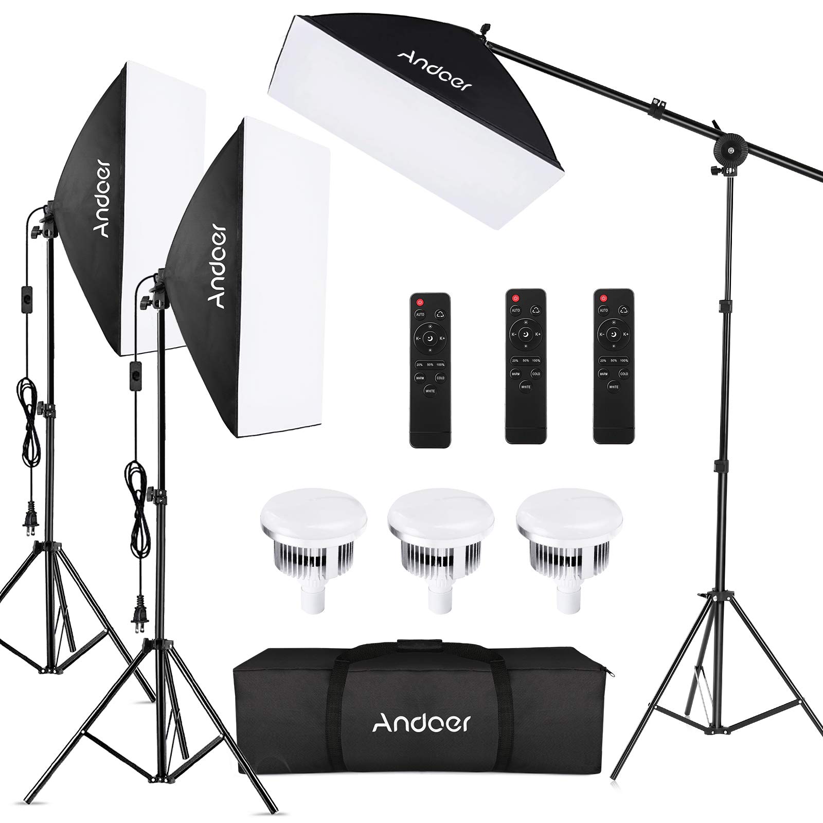 Andoer Softbox Photography Lighting Kit Professional Studio Equipment with 20"x28" Softbox, 2800-5700K 85W Bi-Color Temperature Bulb with Remote, Light Stand, Boom Arm for Portrait Product Shooting