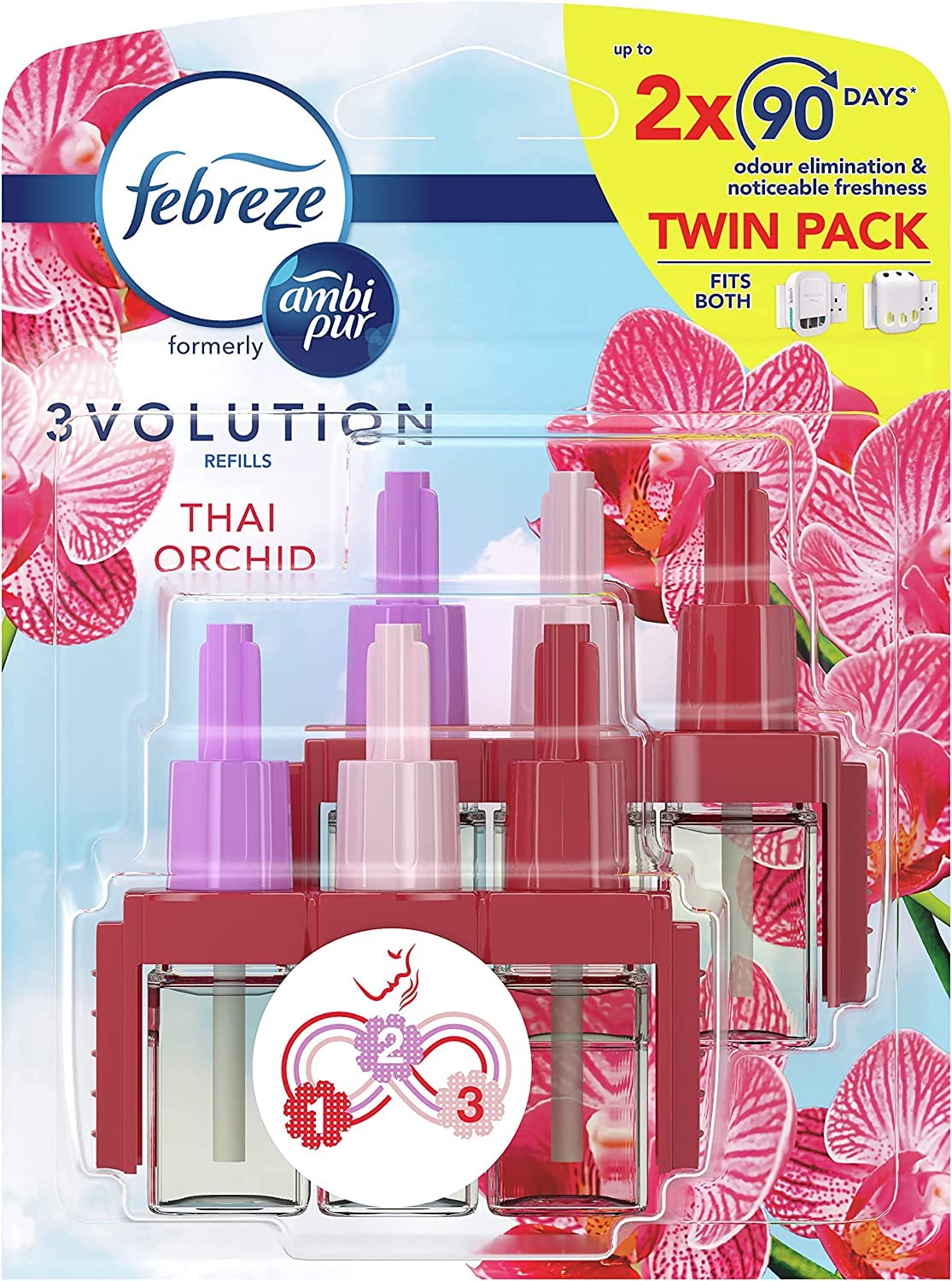 Febreze 3 Volution Air Freshener Plug In Refill 40 ML Thai Orchid, 3 Alternating Scents To Clean Away Odours 2 x 20 ml