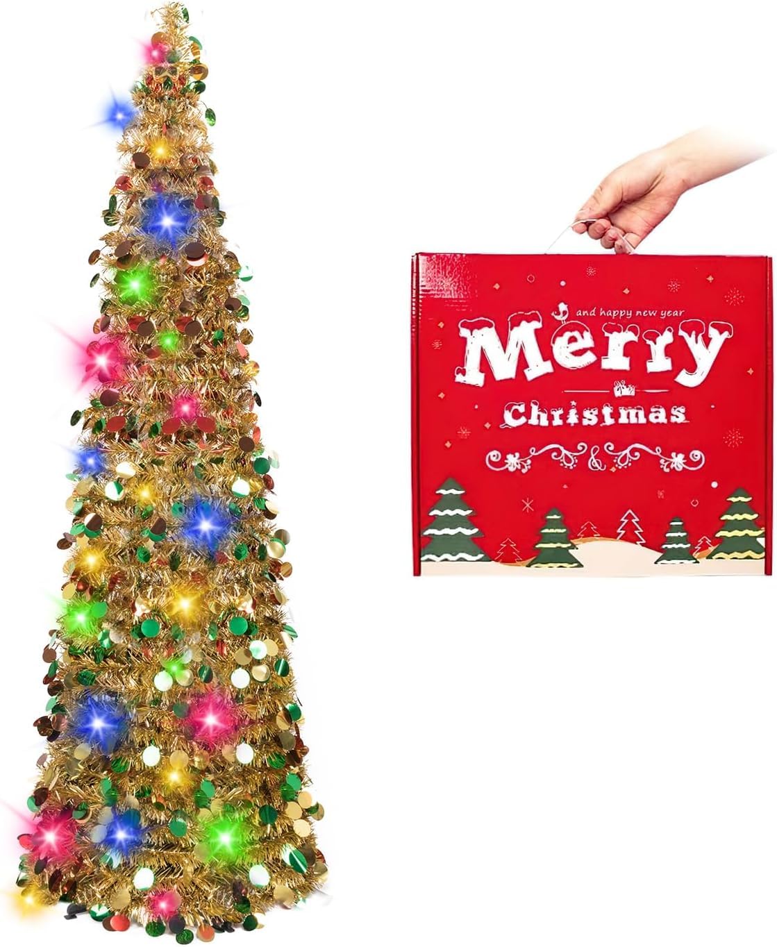 N&T NIETING Christmas Tree, 5ft Collapsible Pop Up Christmas Tree Gold Colored Tinsel Coastal Christmas Tree for Holiday Xmas Decorations, Home Display, Office Decor