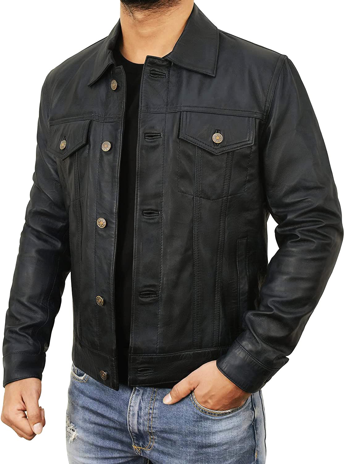 STOREJEES Mens Trucker Leather Jacket - Vintage Genuine Lambskin Leather Jacket Men - Shirt Style Button Man Leather Jacket