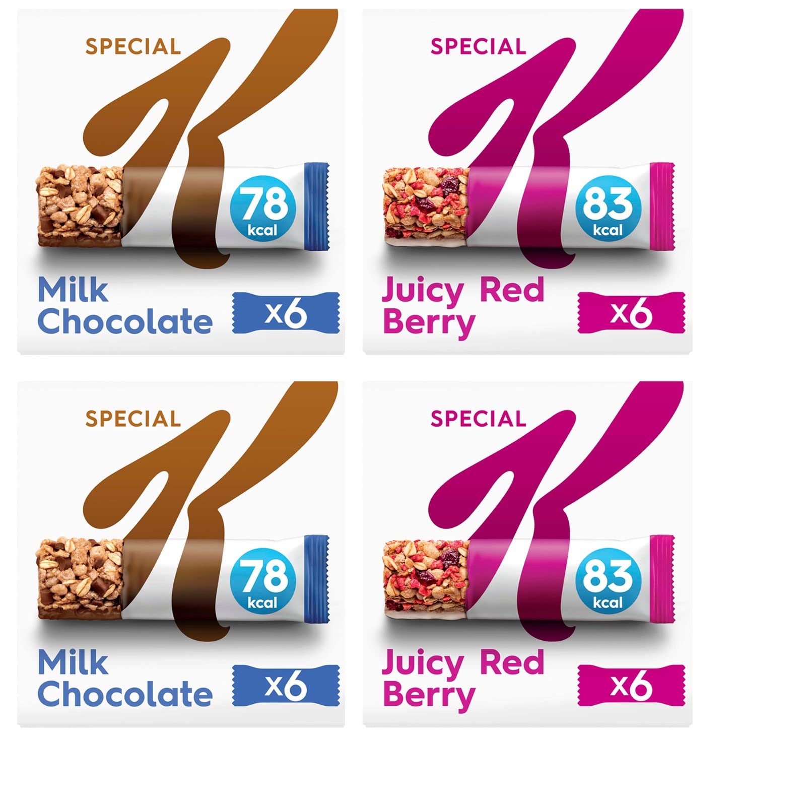 2 Packs of Special K Juicy Red Berry With Wholegrain Oats Bundled with 2 Packs of Special K Milk Chocolate With Wholegrain Oats(24 Bars In Total)