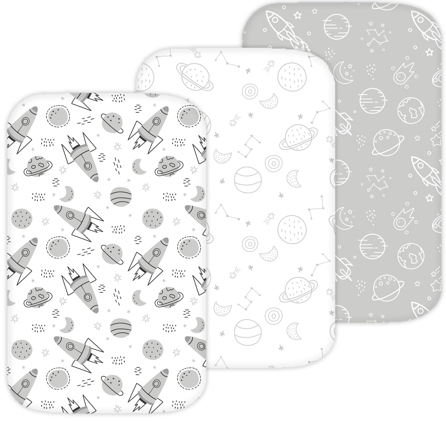 TansyPanda Bassinet Sheets for Bellababy, Besrey, AMKE, and Milliard Bedside Bassinet Sleeper, 3PC, 18 x 30 Inch, Ultra Soft, Breathable, Snug Fit, Unisex Boys, Girls, Gray White (Space Rockets)