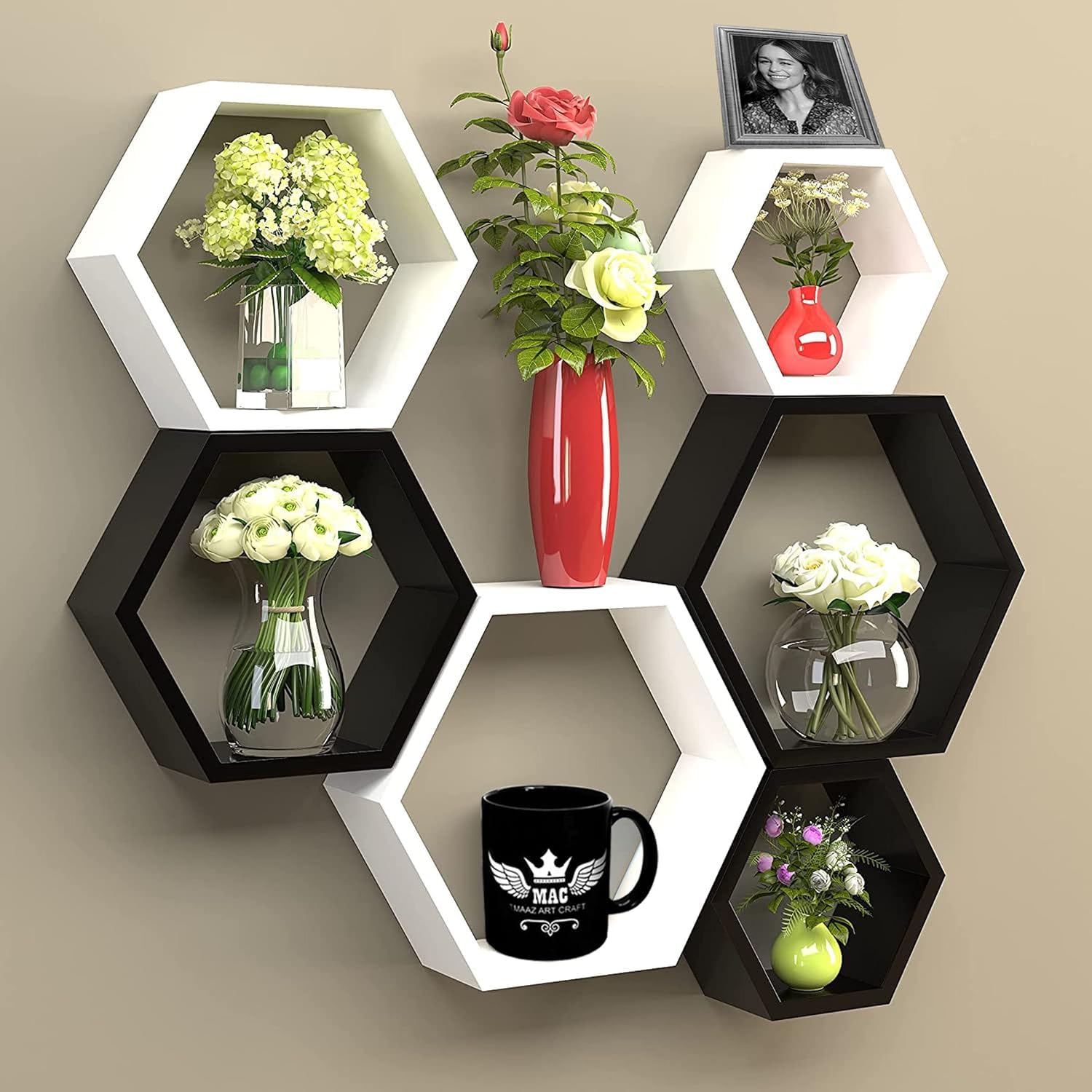 MAYRA Hexagon Wall Shelves Wooden Shelf Home Decor Items Rack for Living Room, Bedroom, Kitchen Corner, Office and More (Set of 6 | Size- Standard (White,Black)