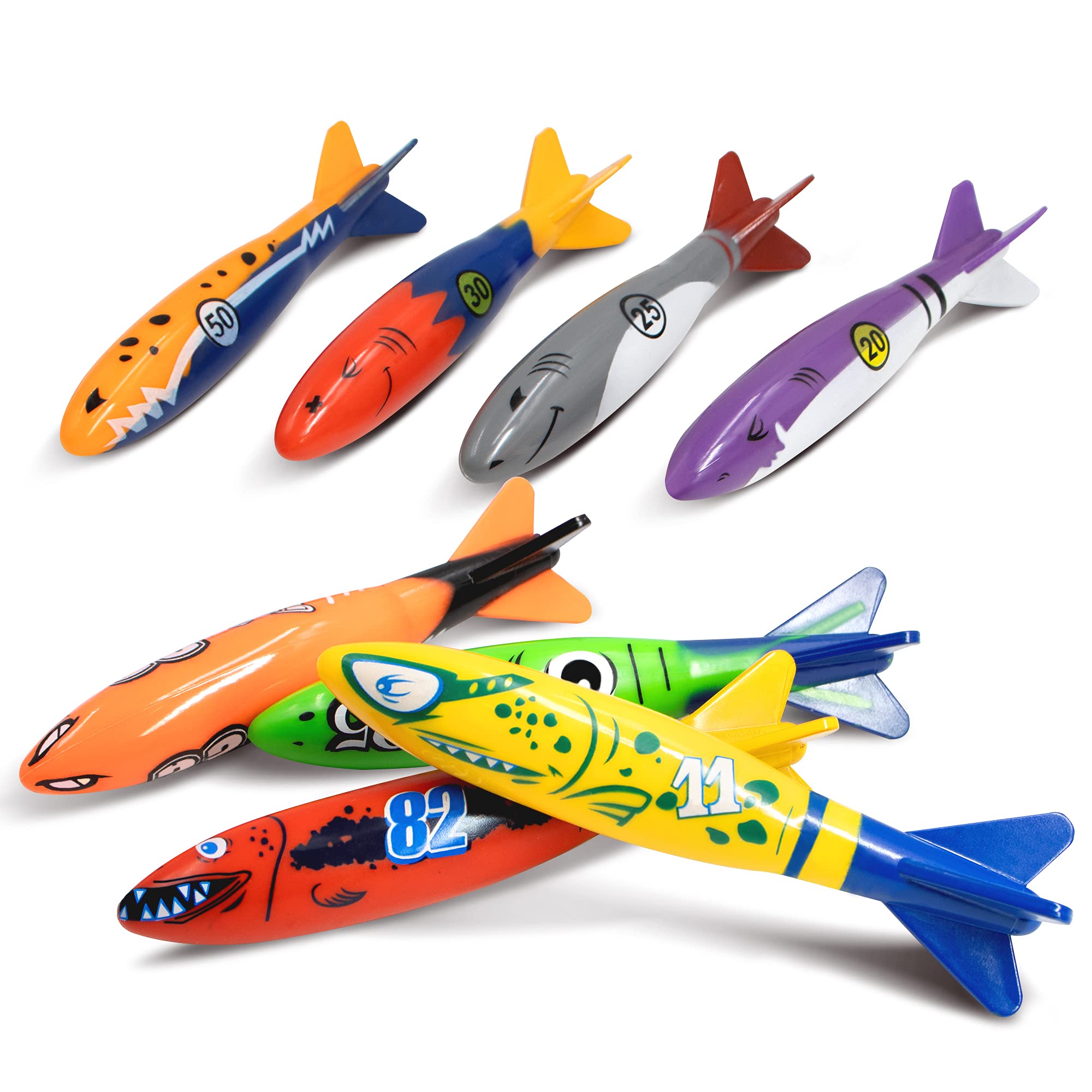 Novelty Place 8 Pack Torpedo Bandits Diving Toy Rockets - Swimming Pool Underwater Game for Kids and Adults - Shark Design 8 Colours