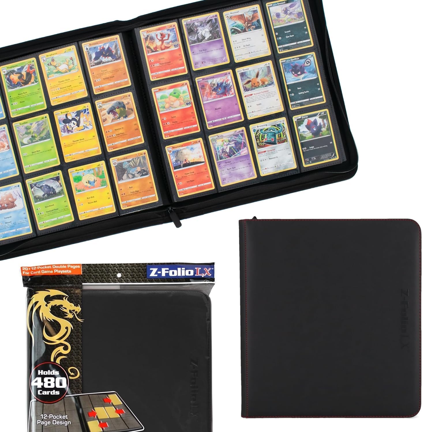 BCW 12-Pocket Zipper-Folio LX Trading Card Binder (Black) | Card Collection Binder with 480 Card Capacity | Archival Safe Pages | Secure Wrap-Around Zipper | Pocket Trading Card Holder Album