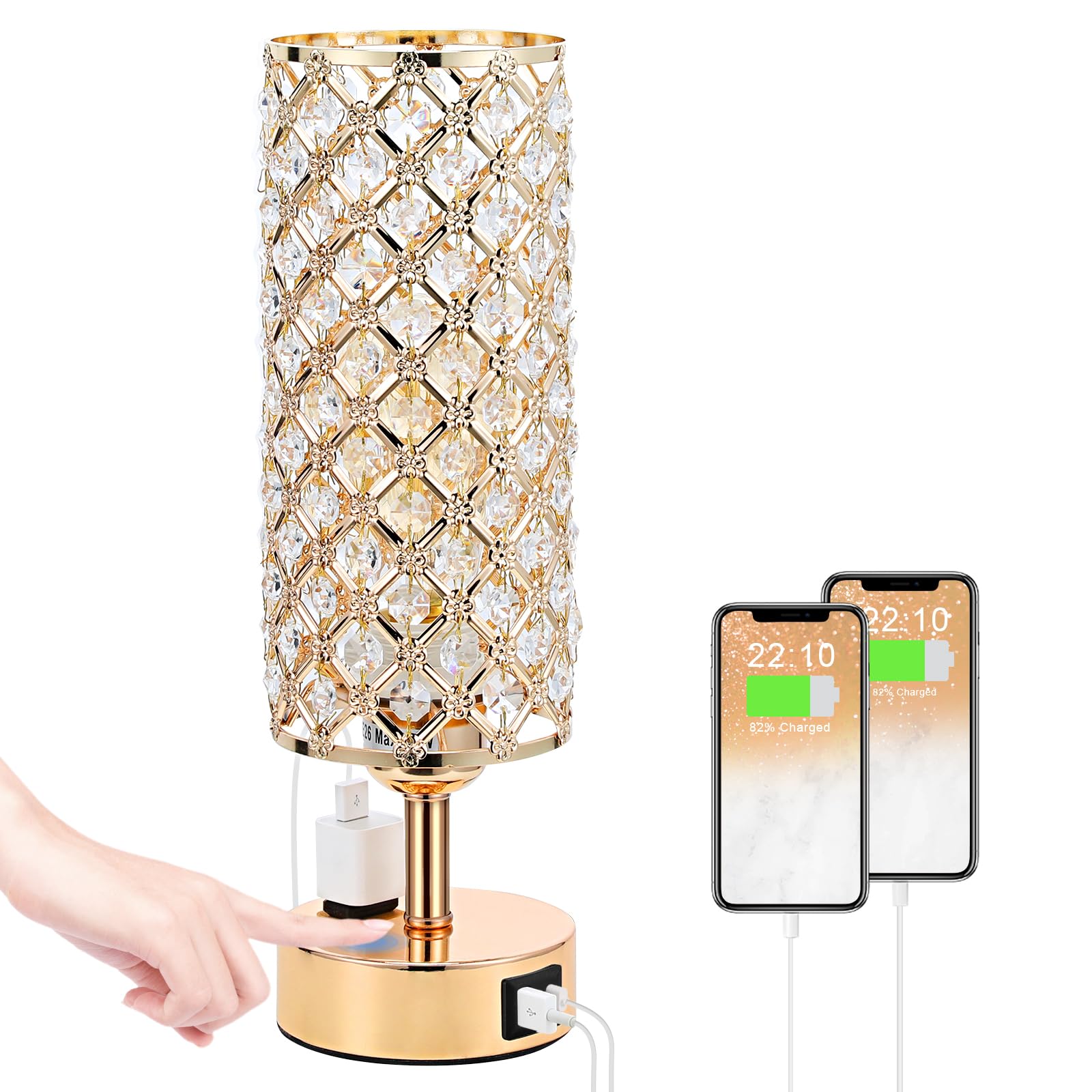 Crystal Table Lamp, Gold Lamp for Bedroom with USBC-A+ AC Charging Ports, 3 Way Dimmable Light with Crystal Lampshade, Bedside Lamp Touch Light for Girl Room, Charge Phone (Bulb Included)