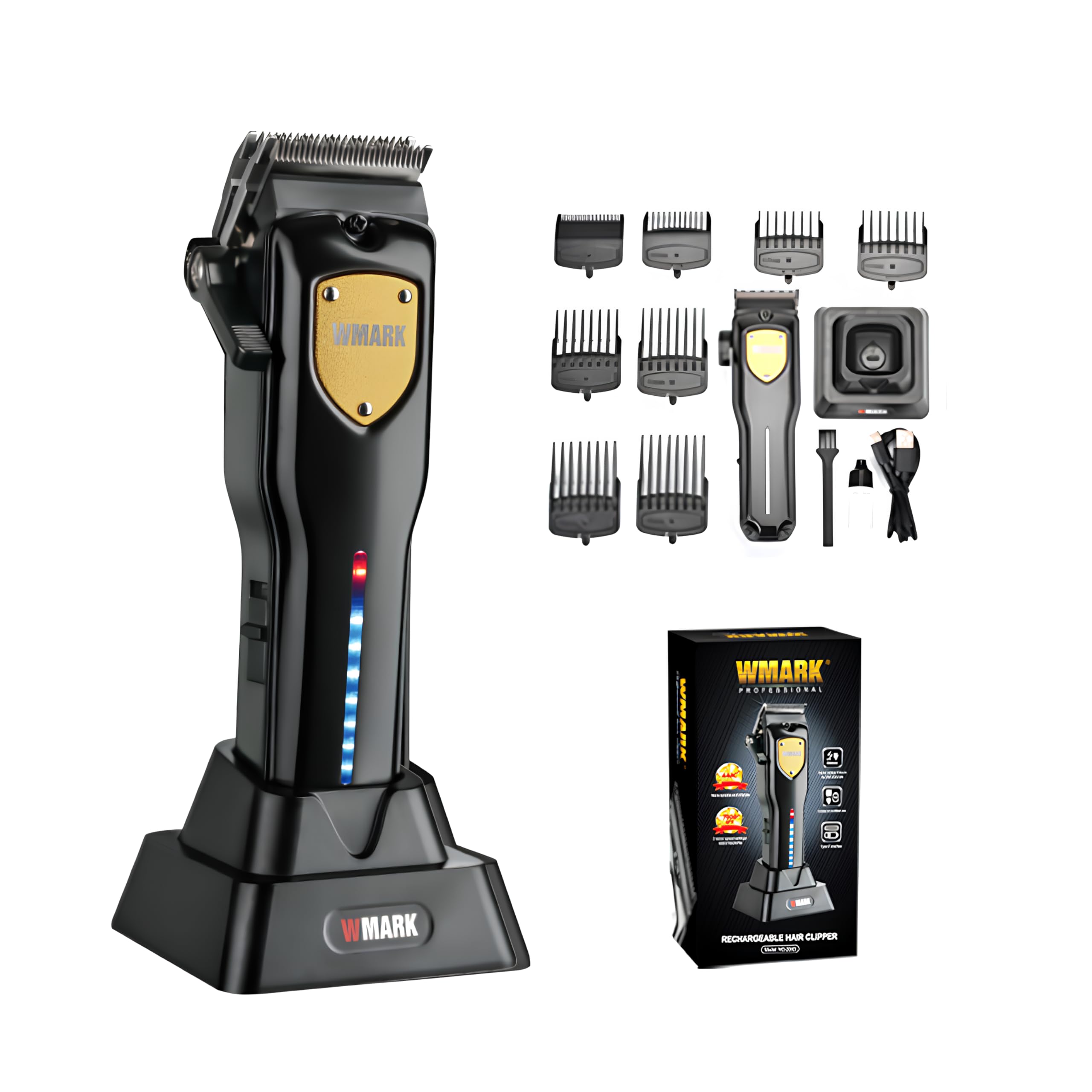 WMARK NG-2043 Professional Zero Gapped Hair Clipper Self Sharpening Blade 6000/7000 RPM Magnetic Two Speed Motor Charging Pod 8 Guide Comb Taper Lever Adjustment Runtime 240 min 2000 mAh Battery