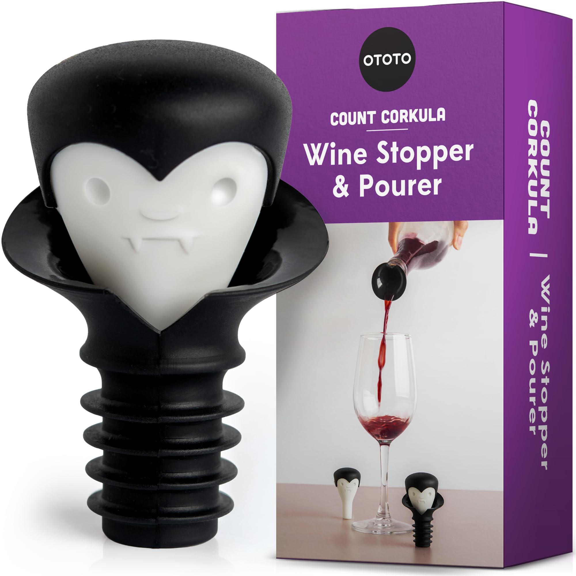 OTOTOOTOTO Wine Stoppers & Pourer - Halloween Gifts for Wine Lovers, Spooky Wine Bottle Stopper, Wine Goth Accessories, Fun Kitchen Gadgets (Count Corkula)