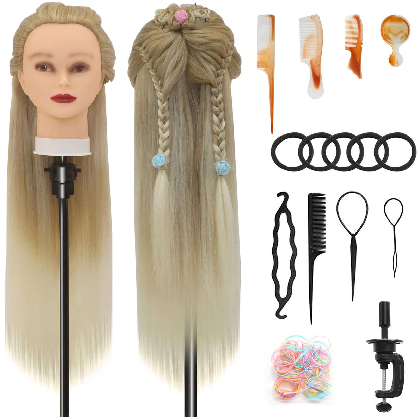 Styling Head 28 inch Training Head 100% Synthetic Fibres Hairdressing Head Hairdresser Training Heads with Free Clamp and DIY Braiding Set (27-613)