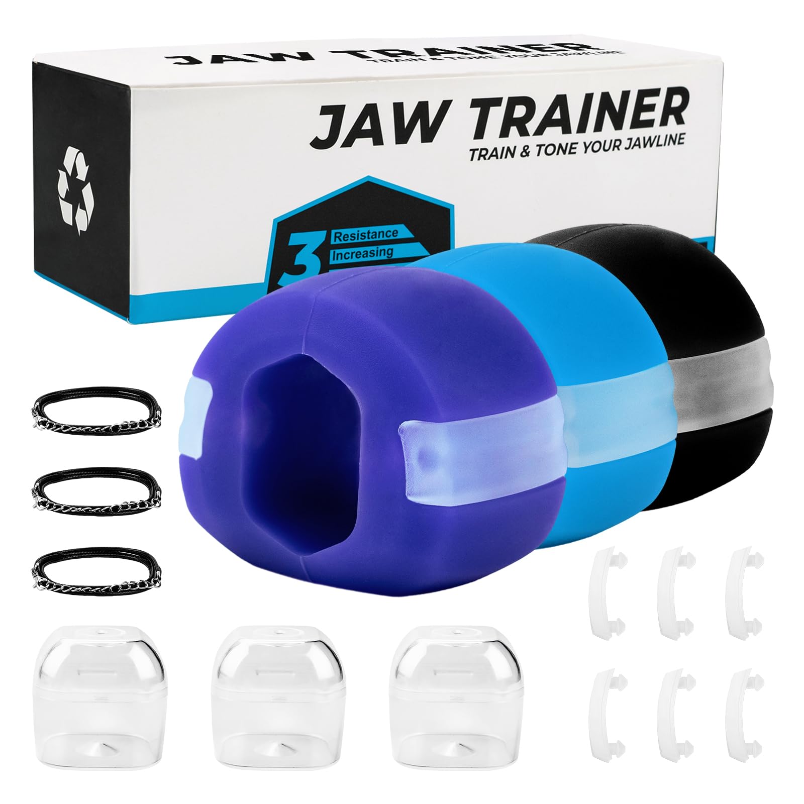 LeikedunJaw Exerciser, 3 Pack Jaw Trainer for double chin removal & Build & Chisel Your Jawline, Face Exerciser for Men & Women - 6 FREE Extra Biting Strips & 3 Necklaces (UK)