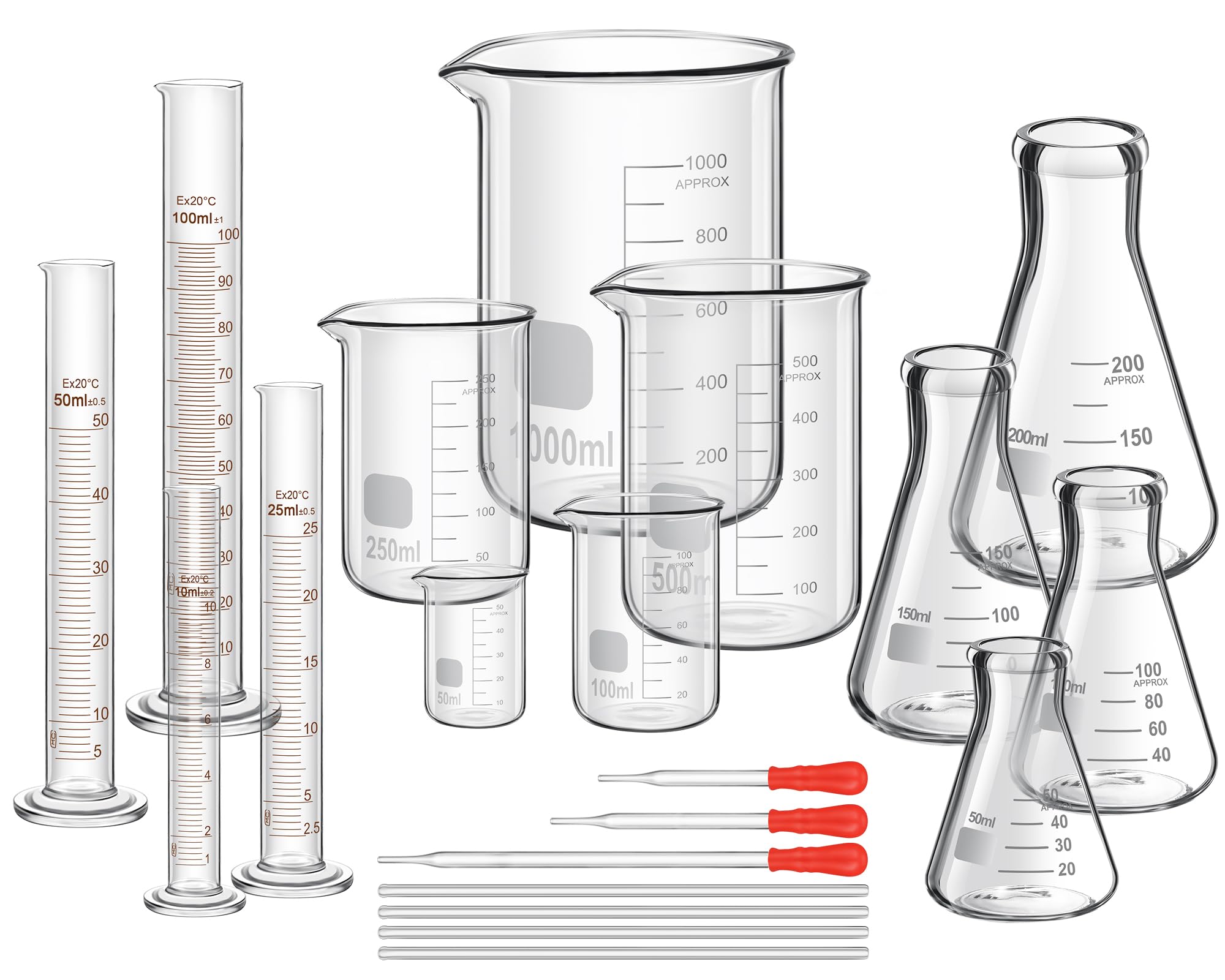 Frienda 20 Pcs Lab Glassware Include 4 Graduated Cylinder Set, 4 Glass Beaker Set, 3 Glass Dropper, 4 Stirring Rod, 5 Measuring Cups for Laboratory Equipment Science Chemistry Supplies