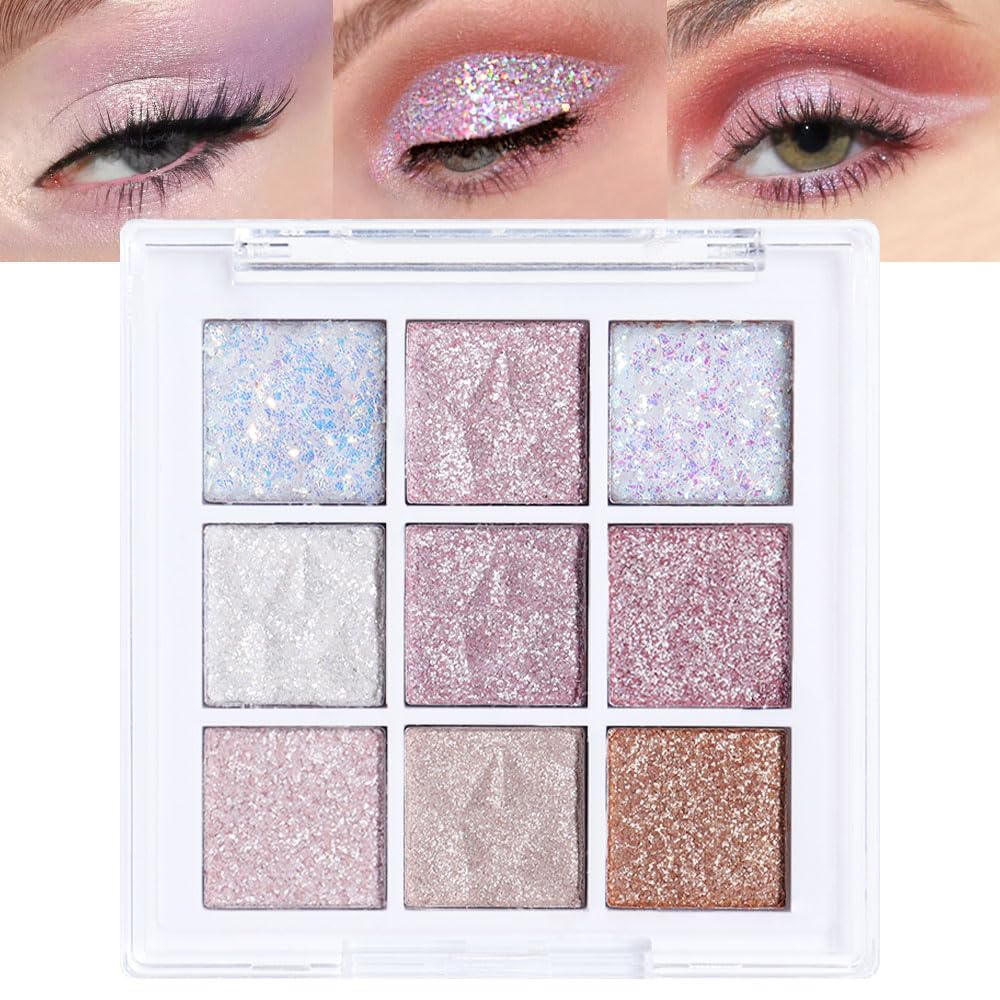 Eye Shadow Palette Makeup,Pink White Purple Glitter Shimmer Sparkle Warm Pastel 9 Colors Eye Shadow Palette,Nude White Cream Eyeshadow Palette Colorful Long Lasting Waterproof Naturing-Looking