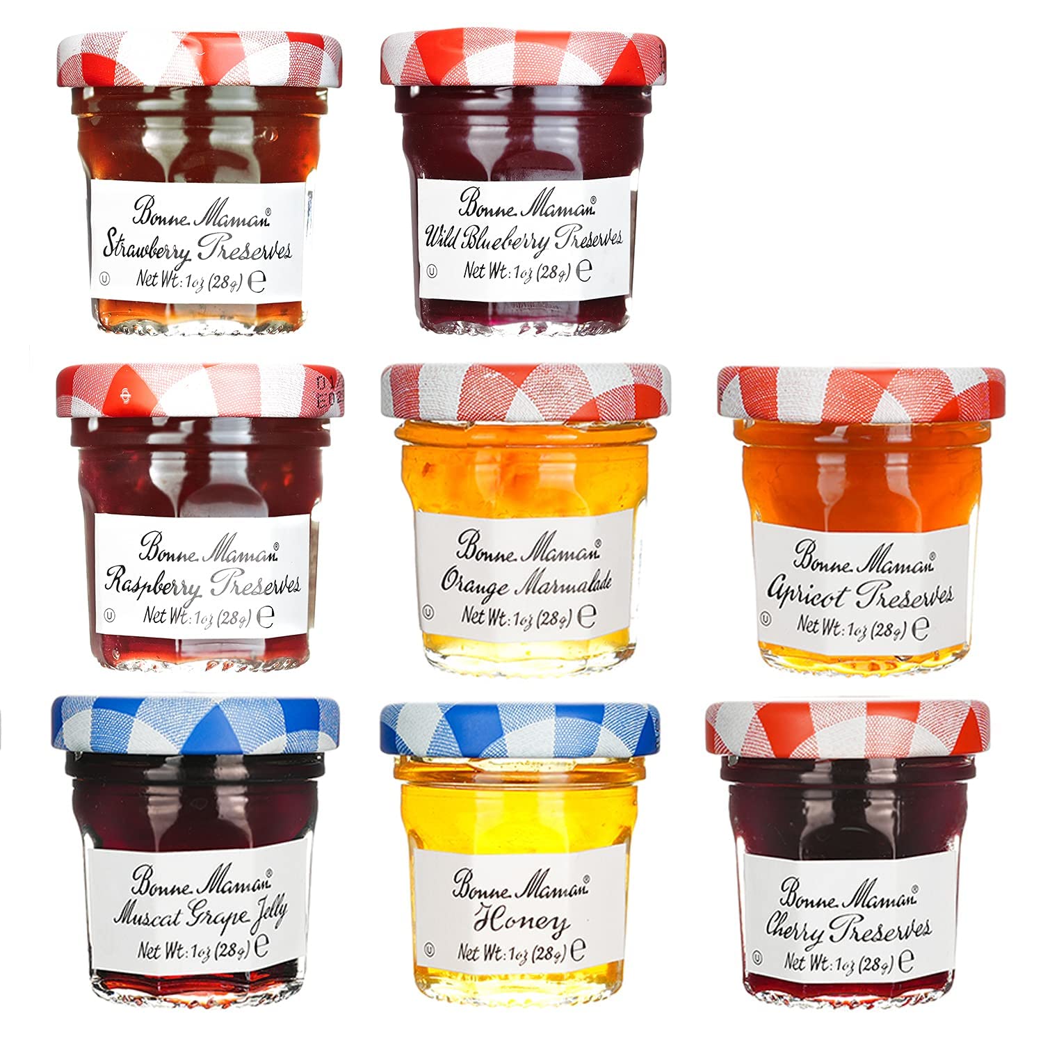 Bonne MamanAssorted Preserves - Strawberry, Apricot, Raspberry, Orange, Cherry, Honey, Grape, Blueberry - 8 jars x 1 oz