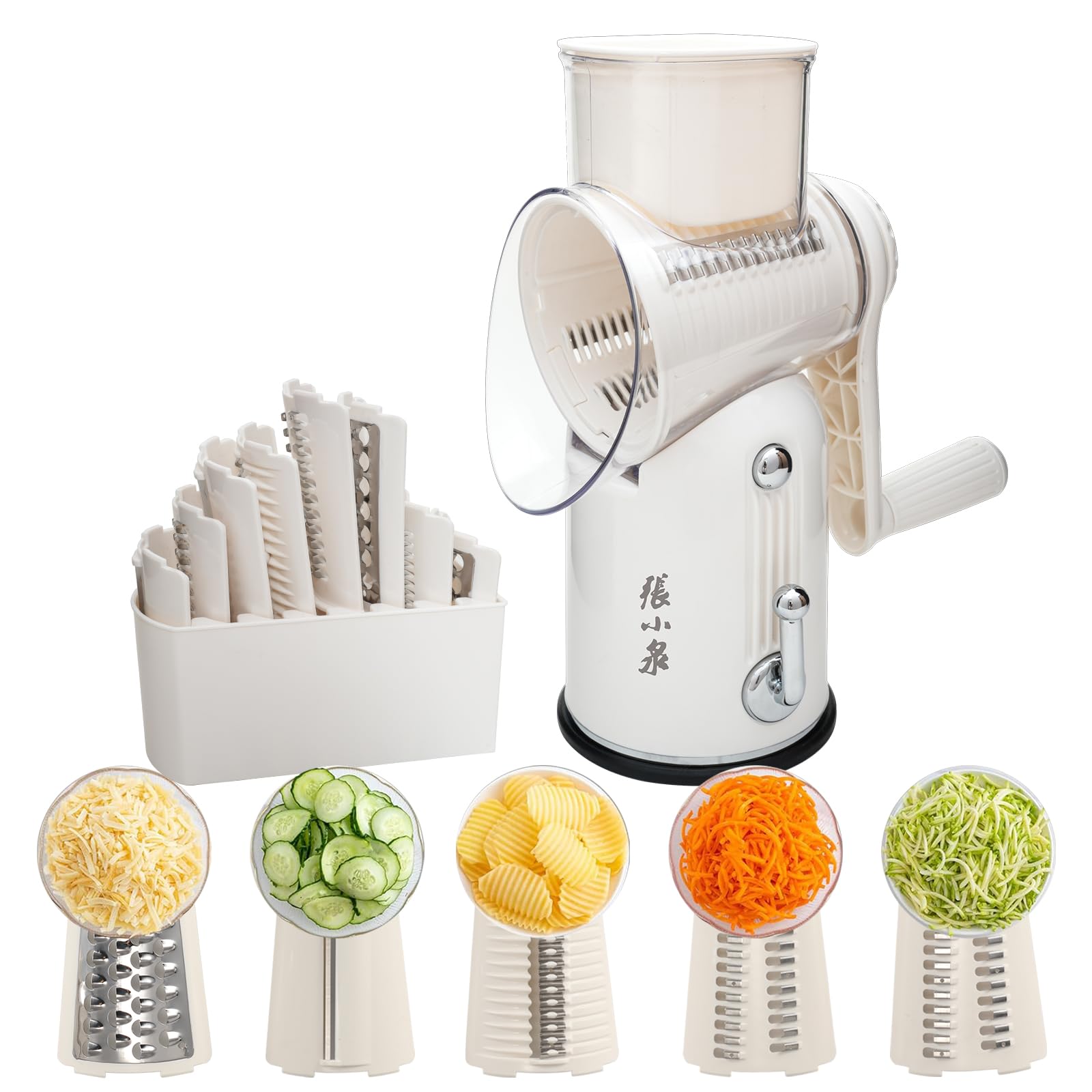 ZHANG XIAO QUAN SINCE 1628 5-in-1 Interchangeable Blades Rotary Cheese Grater Hand Crank, Tumbling Box Mandoline Vegetable Julienne Slicer Cutter Nut Chopper Slicer with Anti-Slip Base, Blade Storage