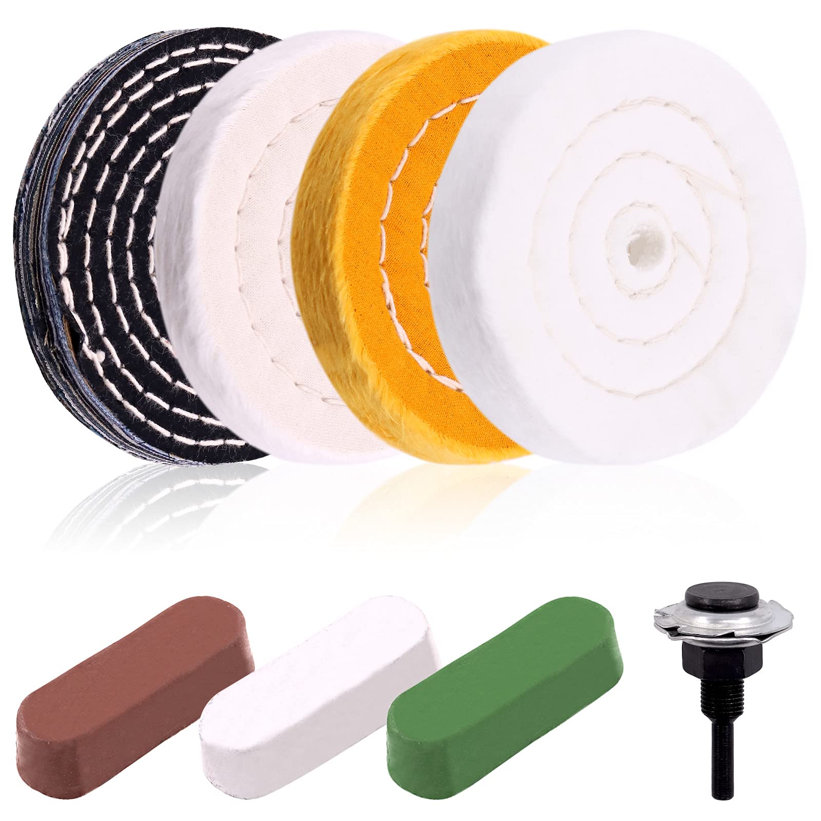 Keadic 8 Pcs 4 Inches Buffing Polishing Wheel Kit 3 pcs Polish Compound, Soft/Fine/Medium/Coarse/Rough Buffer Wheels with 1/2" Arbor Hole Arbor Hole for Bench Grinder