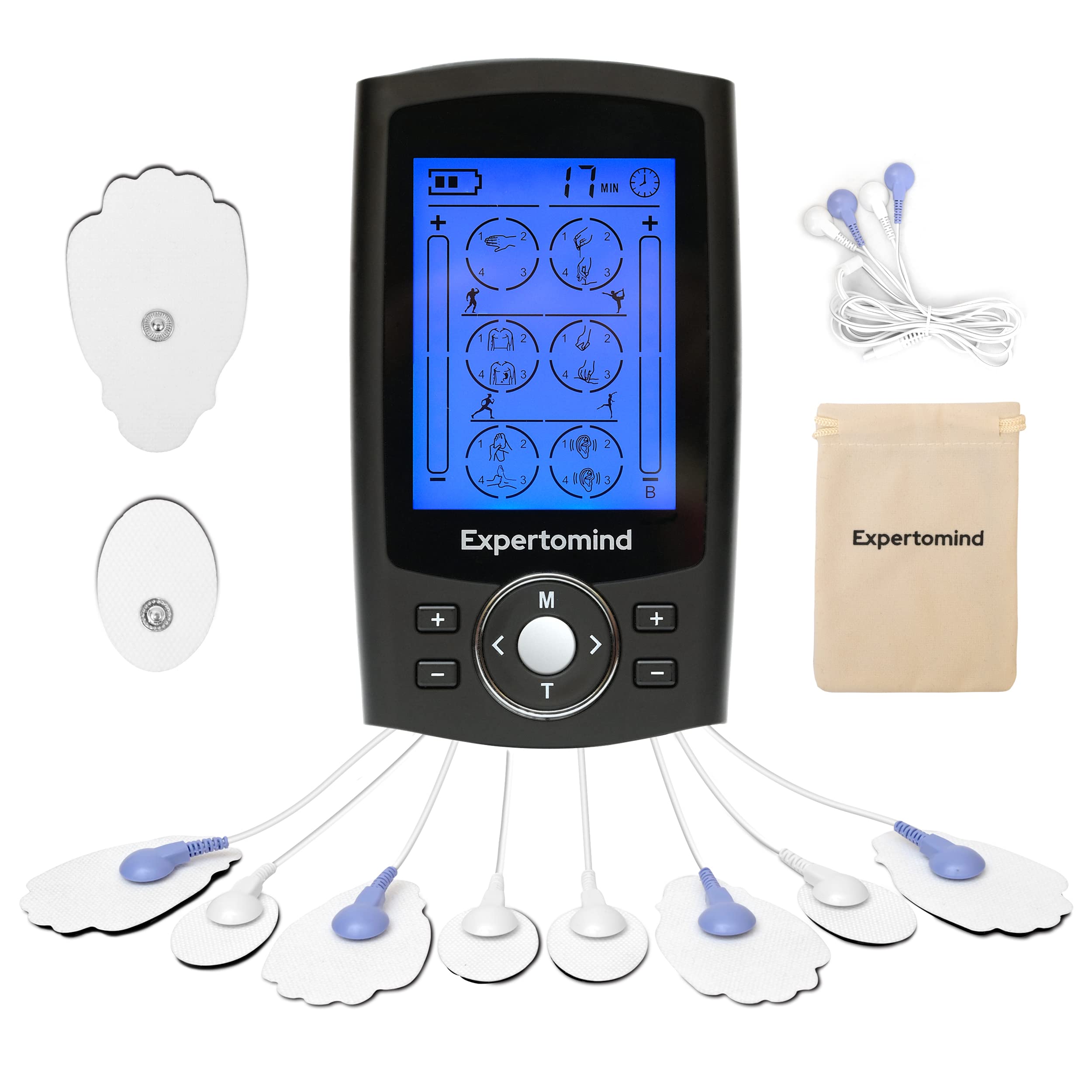 Expertomind TENS Massager | Muscle Massager with 10 Pads | Dual Channel EMS Unit | 24 Modes for Pain Relief Therapy | Electronic Pulse Massager | Dust-Proof | with Storage Bag