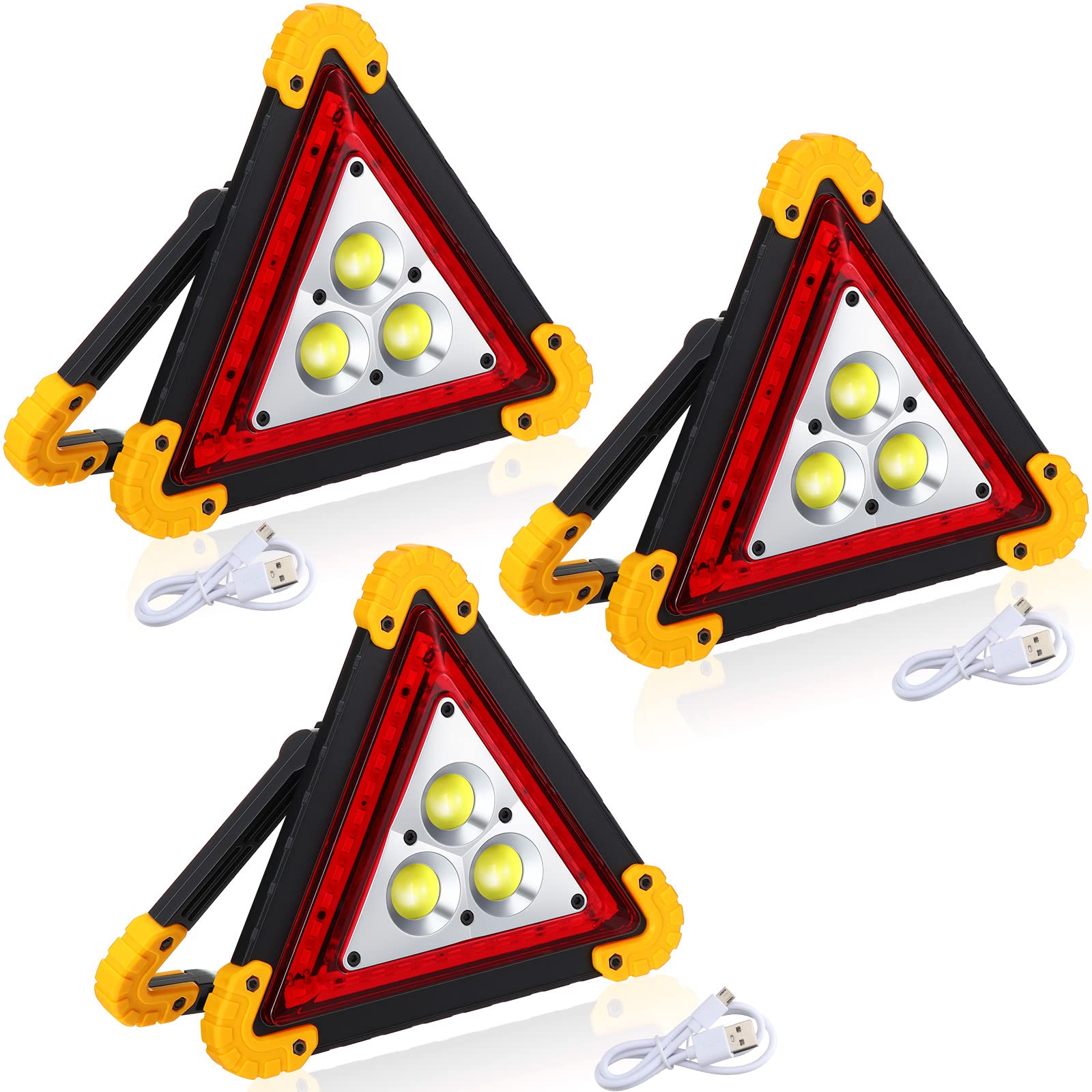 3 Pack LED Emergency Warning Triangle Rechargeable Triangles Lights LED Triangle Emergency Lights for Cars Signal Light with USB for Vehicle Truck Accident Repairing Hazard, Batteries Not Included