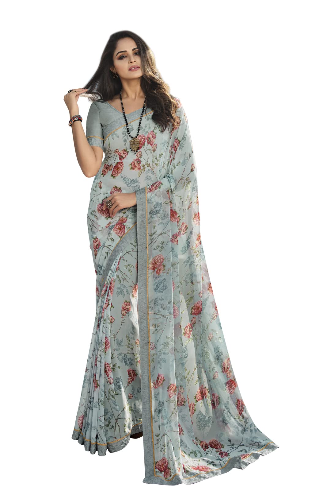 MOHIT CREATIONSWomen's Partywear Georgette Floral Printed Saree || Indian Traditional Saree with Unstitched Blouse Piece