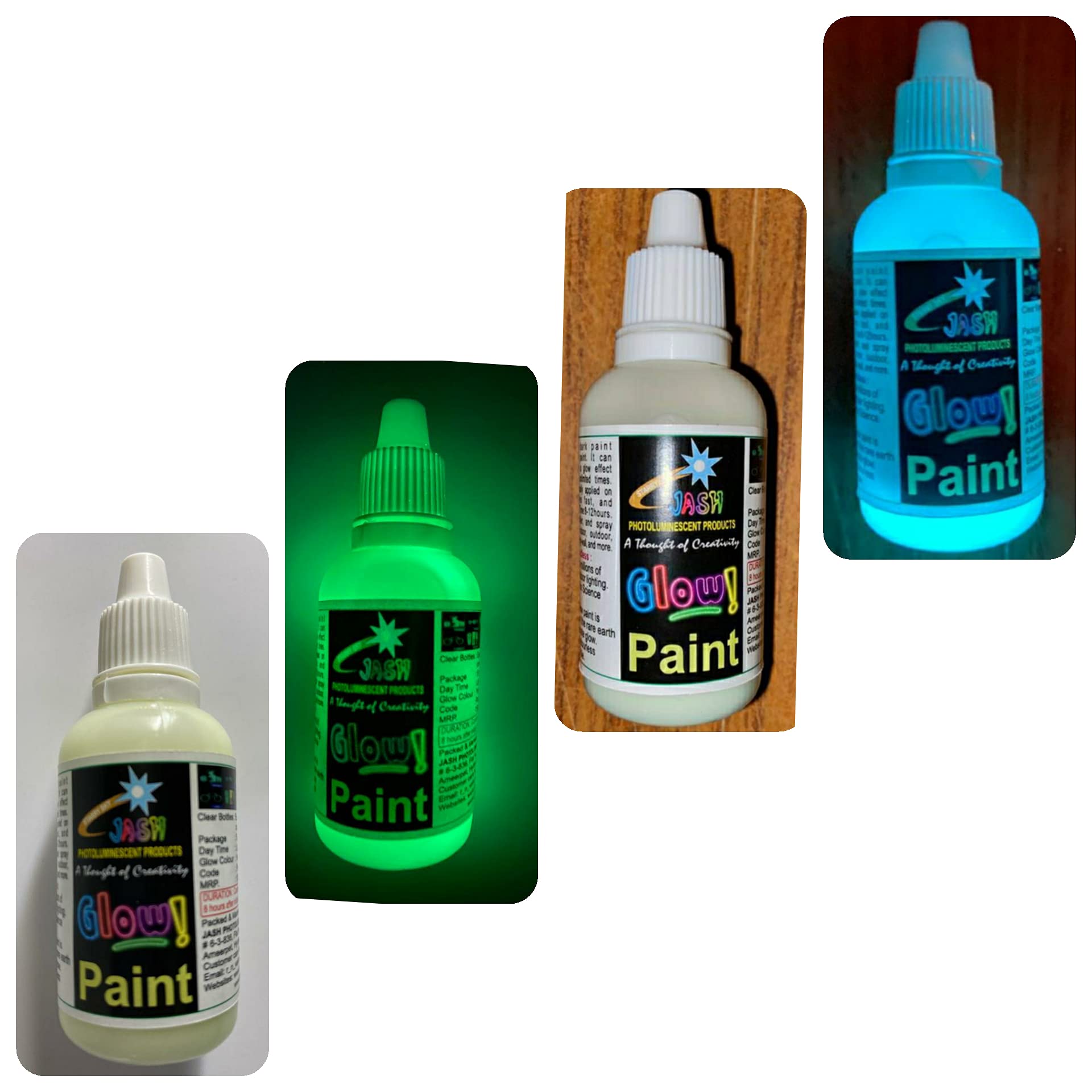 JASH Night Glow Paint 2 Colours Yellow-Green and Blue-Green,Each 30gm(50ml),Total 60gm. Our Water Base Acrylic Glow Paint can be Easily Applied on Multiple Surfaces, Dries Fast, Glow time: 8-12hours.