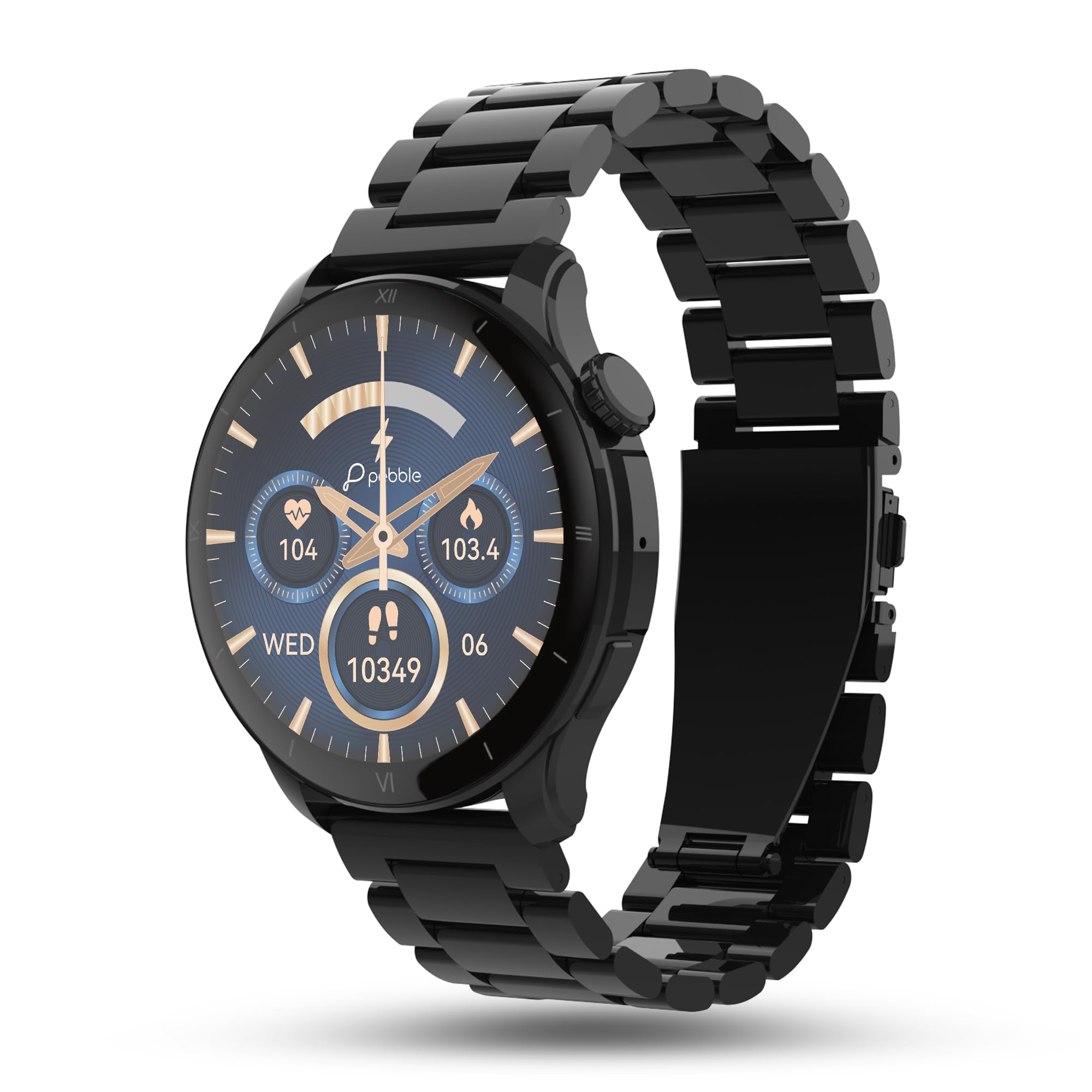 Pebble Cosmos Vault 1.43" AMOLED Always on Display Smart Watch for Men & Women, BT Calling Luxury Metal Strap Smart Watch with Rotating Crown, Compatible with Android & iOS, Obsidian Black