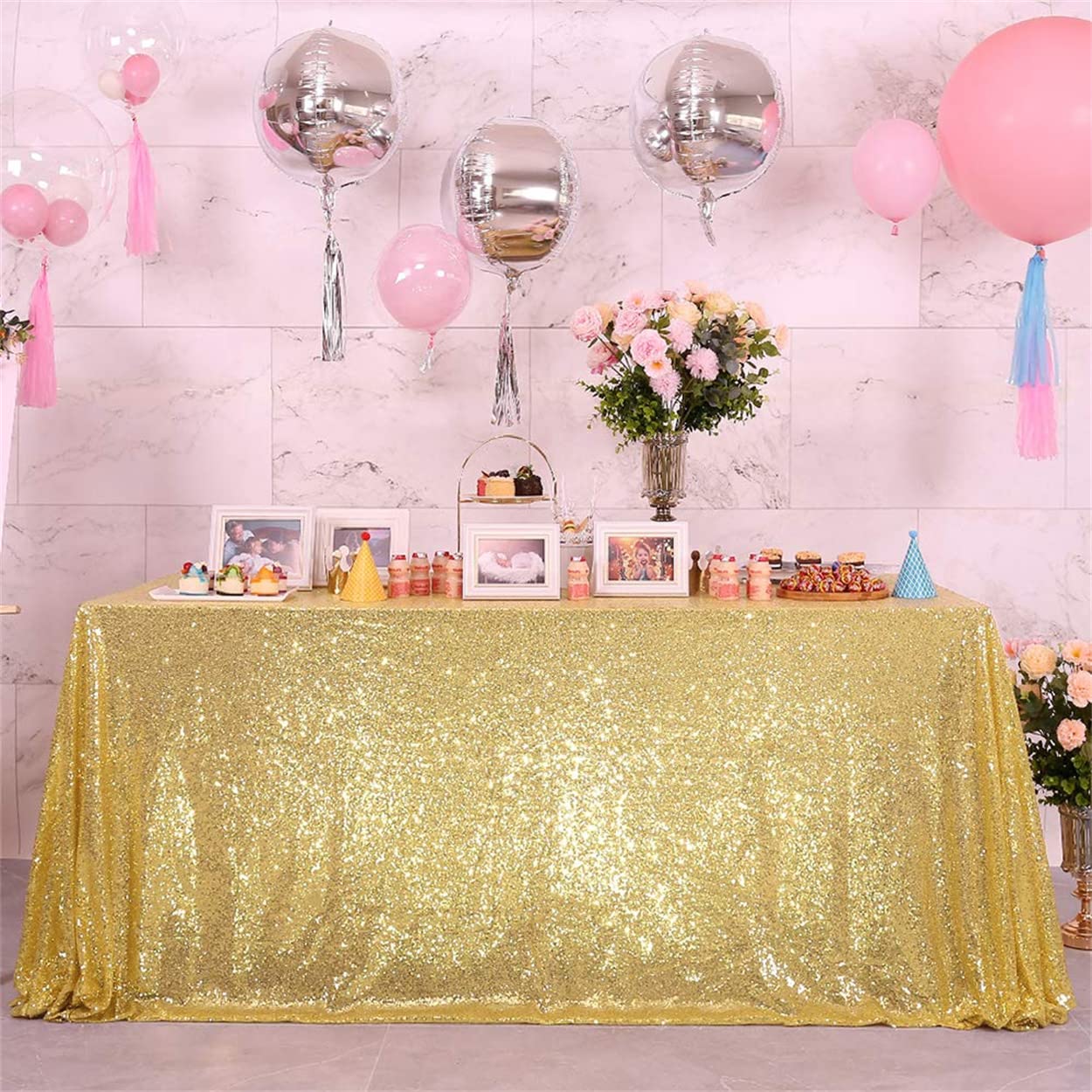 TOMVAES Glitter Gold Sequin Tablecloth Rectangle 127x204cm Sparkle Gold Table Cover for Party Wedding Birthday Christmas Shimmer Table Cloth Linen