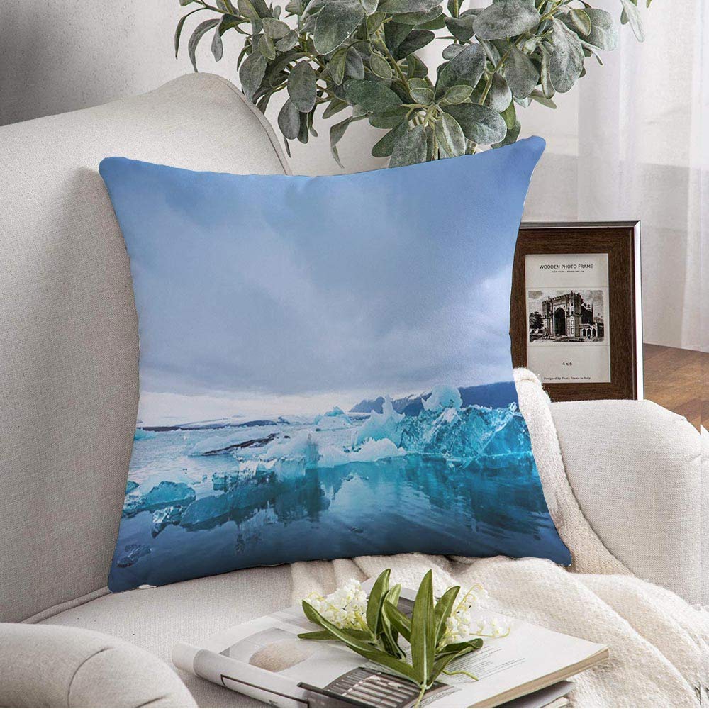 Throw Pillow Cover Decorative Pillowcase Icebergs Jokulsarlon Beauty Glacial Lagoon Vatnajokull Sky National Icelandic Lake Nature Majestic Soft Cushion Cover Square Modern for Couch Sofa 16x16 Inch