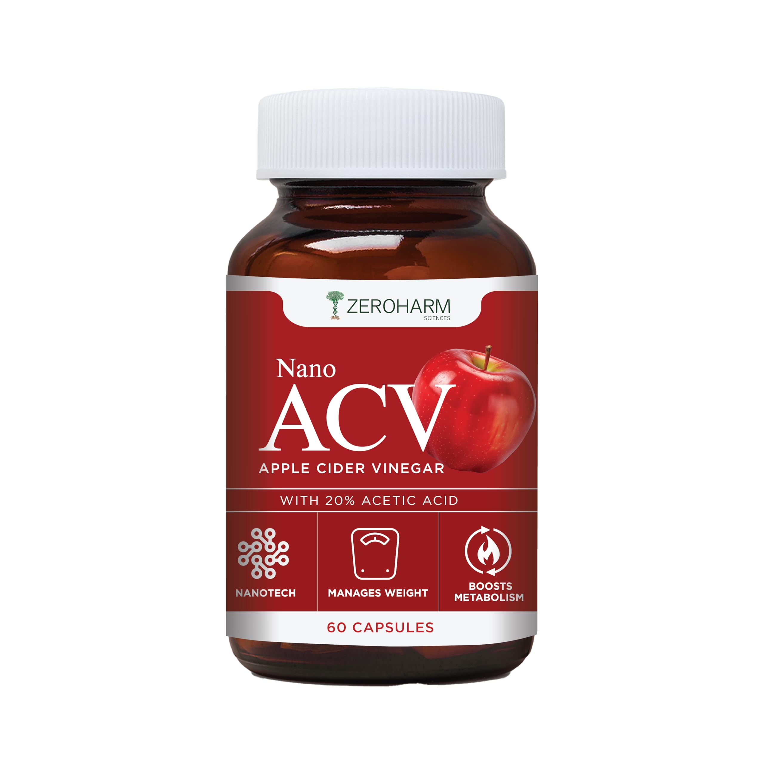 ZEROHARMNano ACV with 20% Acetic Acid from Apple Cider Vinegar |Manages Weight | Inhibits the Enzyme ATP-Citrate Lyase | Regulates Glucose Metabolism | Increasing Postprandial Satiety | 60 Caps