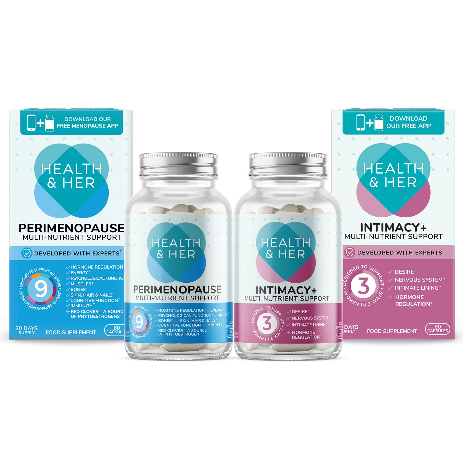 Health & Her Perimenopause Tablets for Women - Daily Support and Intimacy Bundle - Supplements to Support Daily & Intimacy Wellbeing During Perimenopause - Vegan - 1 Month Supply (Bundle)