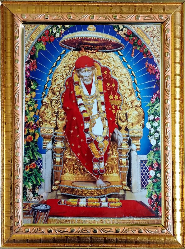 Jai SaiRam Saibaba Religious Photo Frame|Sparkling Shining Zari Print|Golden Frame without Glass|Frame for Living Room,Gift,Temple,Pooja Room,Home Décor|Size(10 x 12.5)