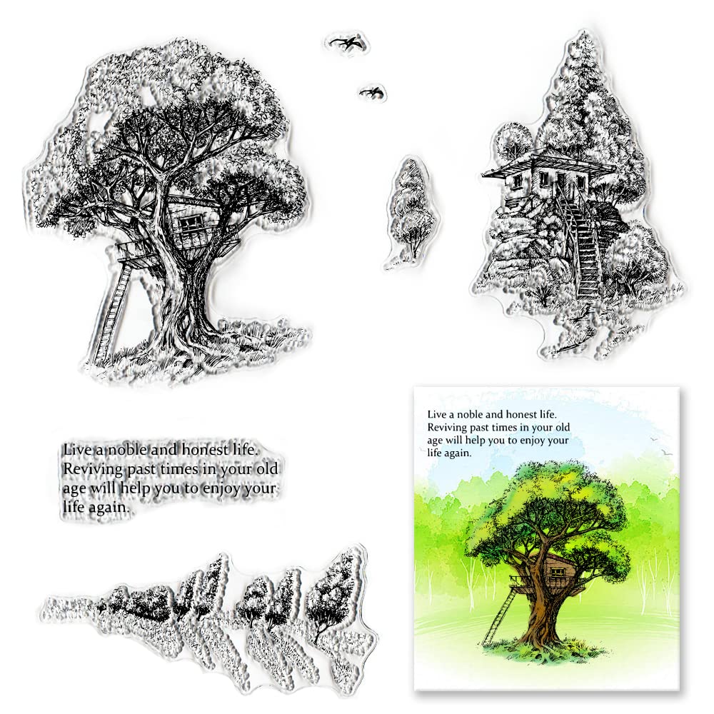 Estivaux Trees Background Clear Stamps for Card Making and Journaling, Tree House Silicone Stamps Message Words Rubber Stamps for Scrapbooking DIY Cards Album Crafts Supplies