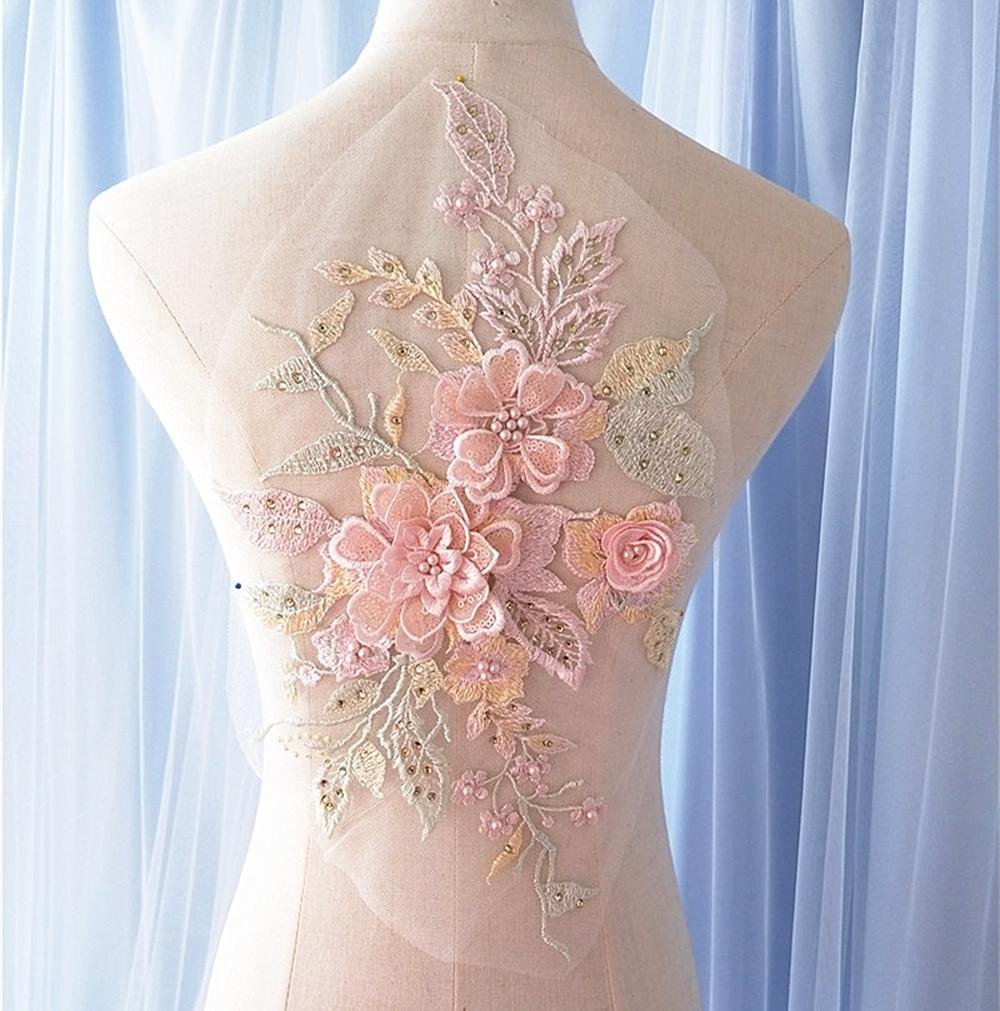 Beading Lace Applique 3D Flower Rhinestone Blossom Patch Embroideried Sequined Beaded Applique Lace Motif for Bridal Dress Dance Costume