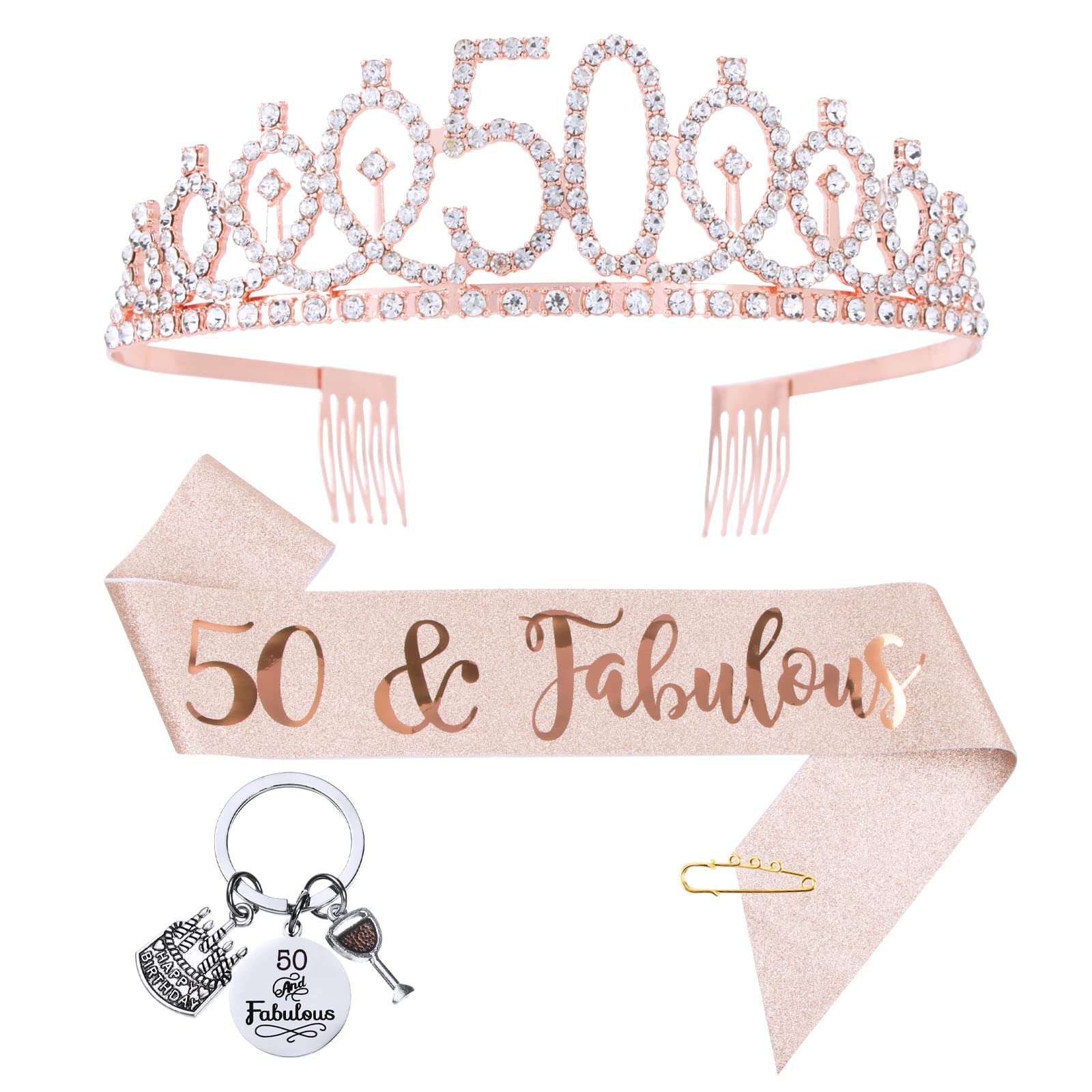 COLOFALLA 50th Birthday Sash and Tiara Crown for Women Rose Gold Glitter 50 and Fabulous Sash 50th Birthday Gifts for Women Birthday Decorations to Wear