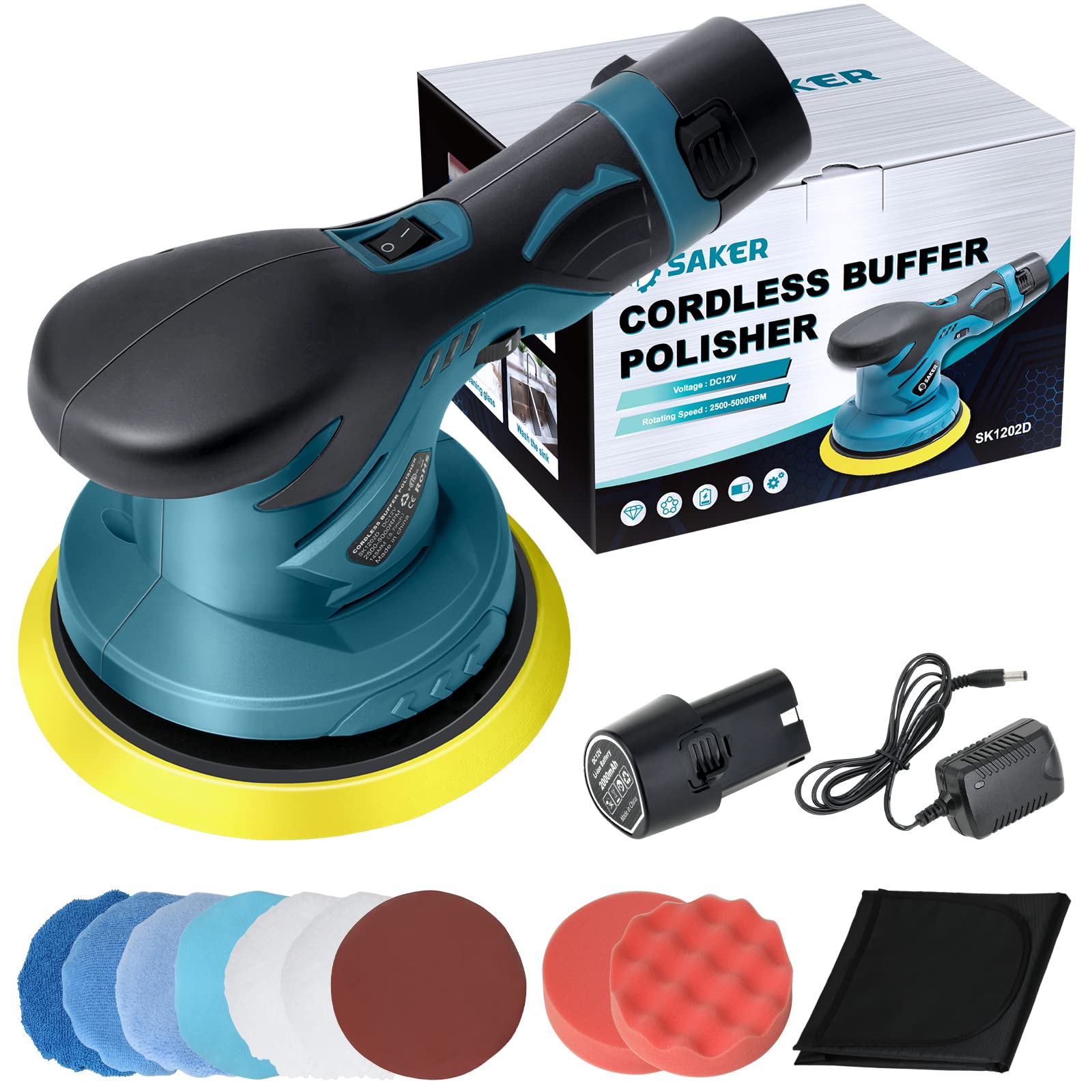 Saker Mini Cordless Buffer Polisher - 6 Inch Portable Polishing Machine Kit for Car Detailing, with 12V 2000mAh Rechargeable Battery, Extra 10 PCS Attachments