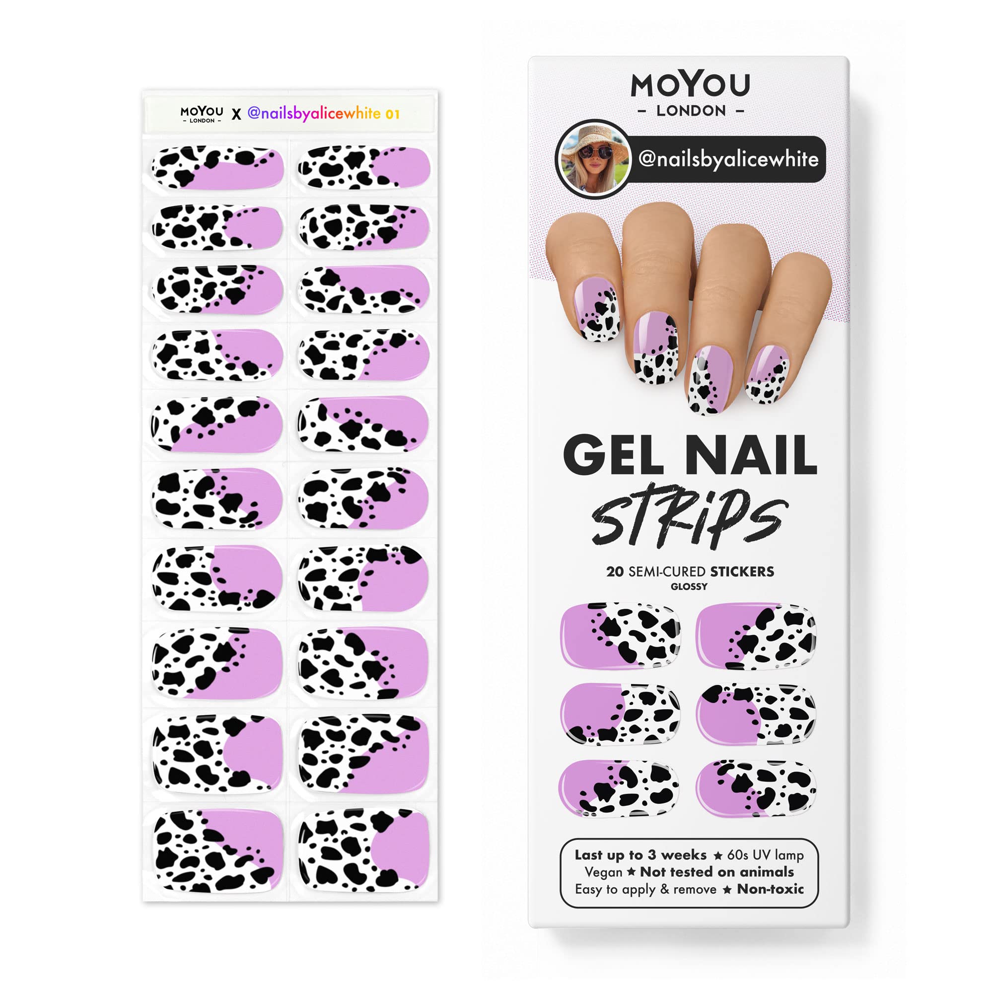 MOYOU LONDON Semi-Cured Gel Nail Strips, 20 Pc. Gel Wraps for Nails, Get 1 Free UV Lamp when you Get 2 or More, Easy Apply & Remove for Salon-Quality Manicure -Nailsbyalicewhite 01