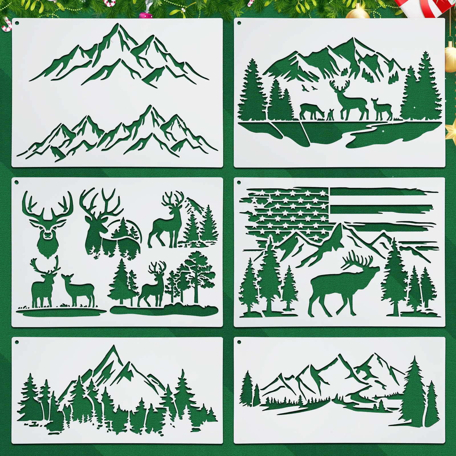 6pcs Christmas Stencils, Mountain Stencils for Painting on Wood Burning Template Reusable Nature Deer Tree Merry Christmas Stencil for Craft Wall Furniture Decor