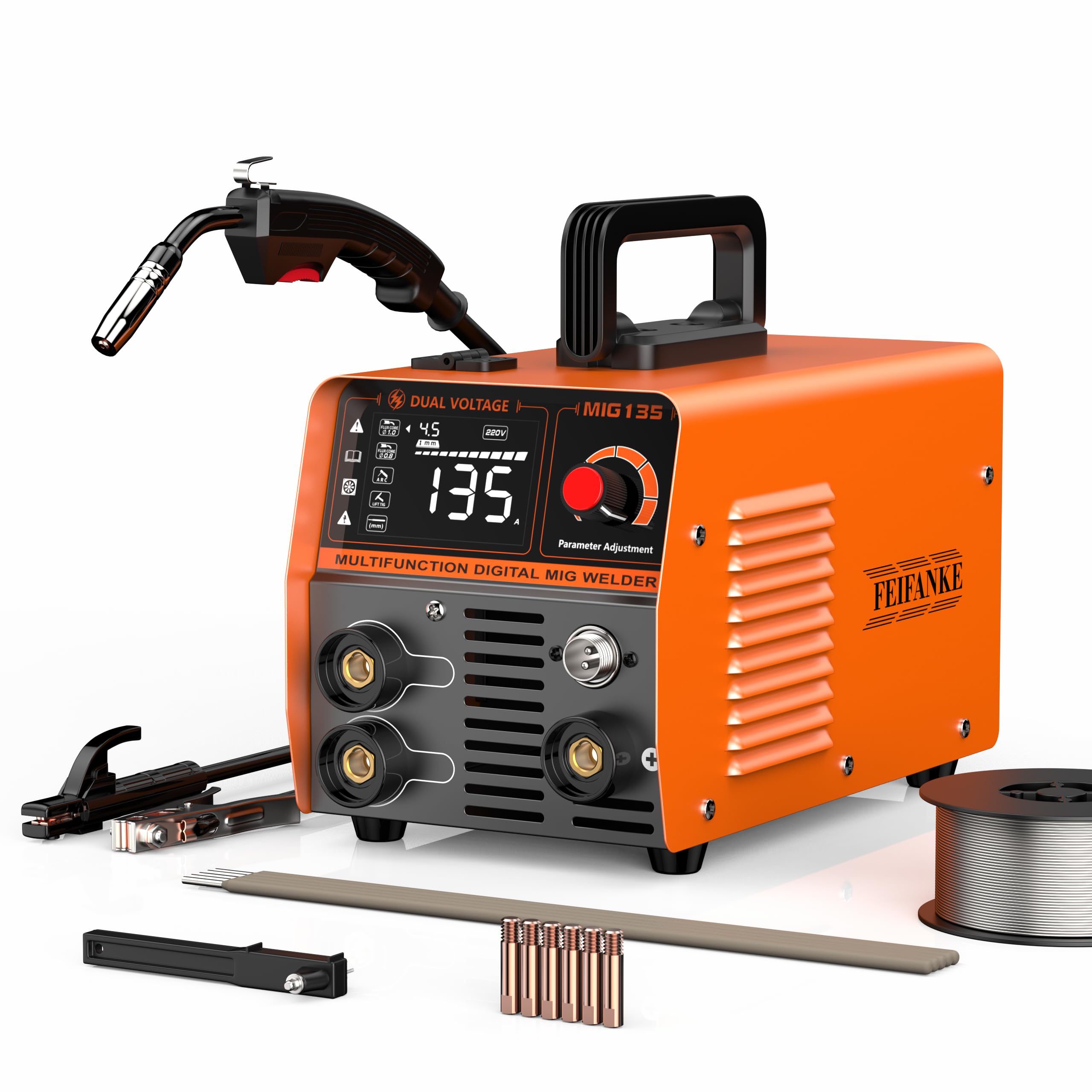 135A Flux Core MIG Welder 110V 3-IN-1 MIG/ARC/Lift TIG Welding Machine IGBT DC Inverter Gasless Welder Synergy Welding Machine with 1 Pounds Welding Wire and MIG Torch