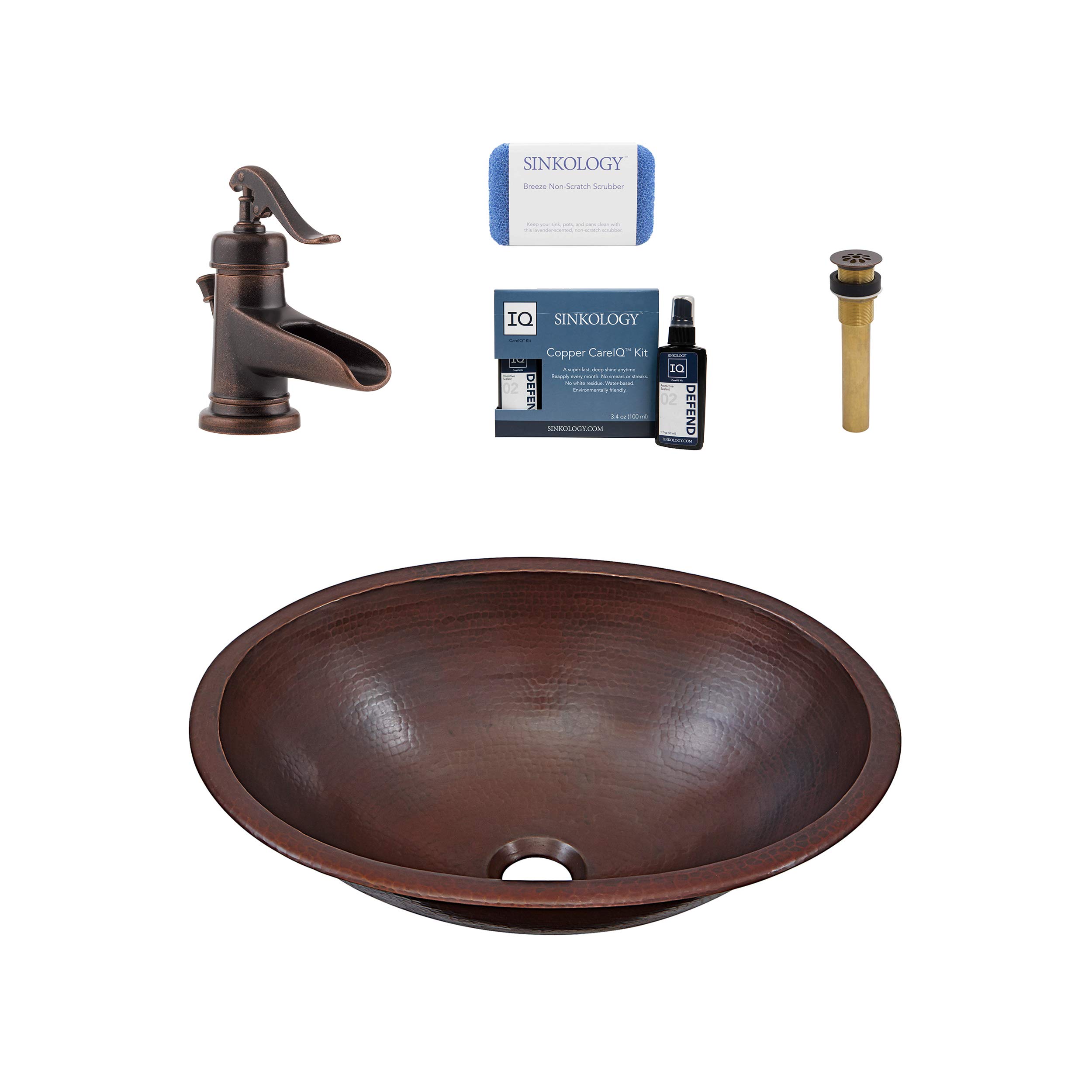 Sinkology BOU-1713BC-F042-AMZ Schrodinger Undermount or Drop-in Copper Bath Sink Pfister Ashfield Faucet and Drain Bathroom All-in-One Kit, Aged